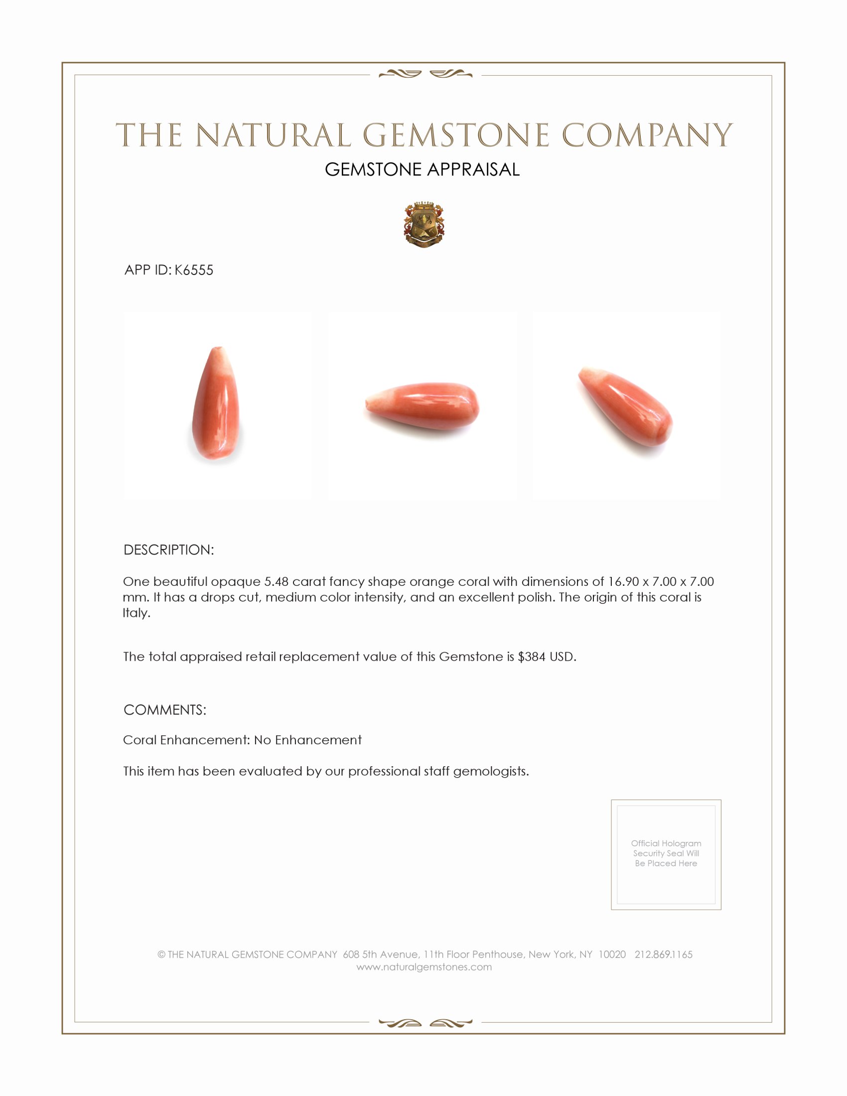 5.48 Ct. Coral from Italy