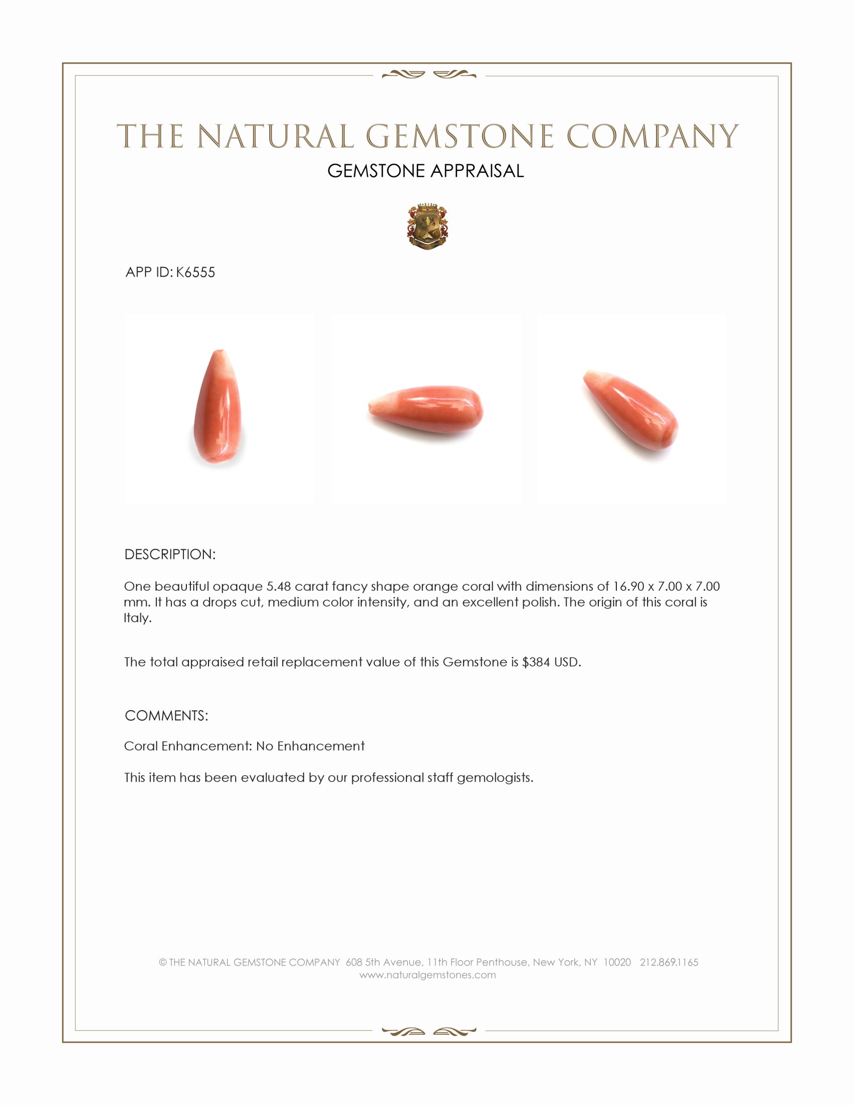 5.48 Ct. Coral from Italy