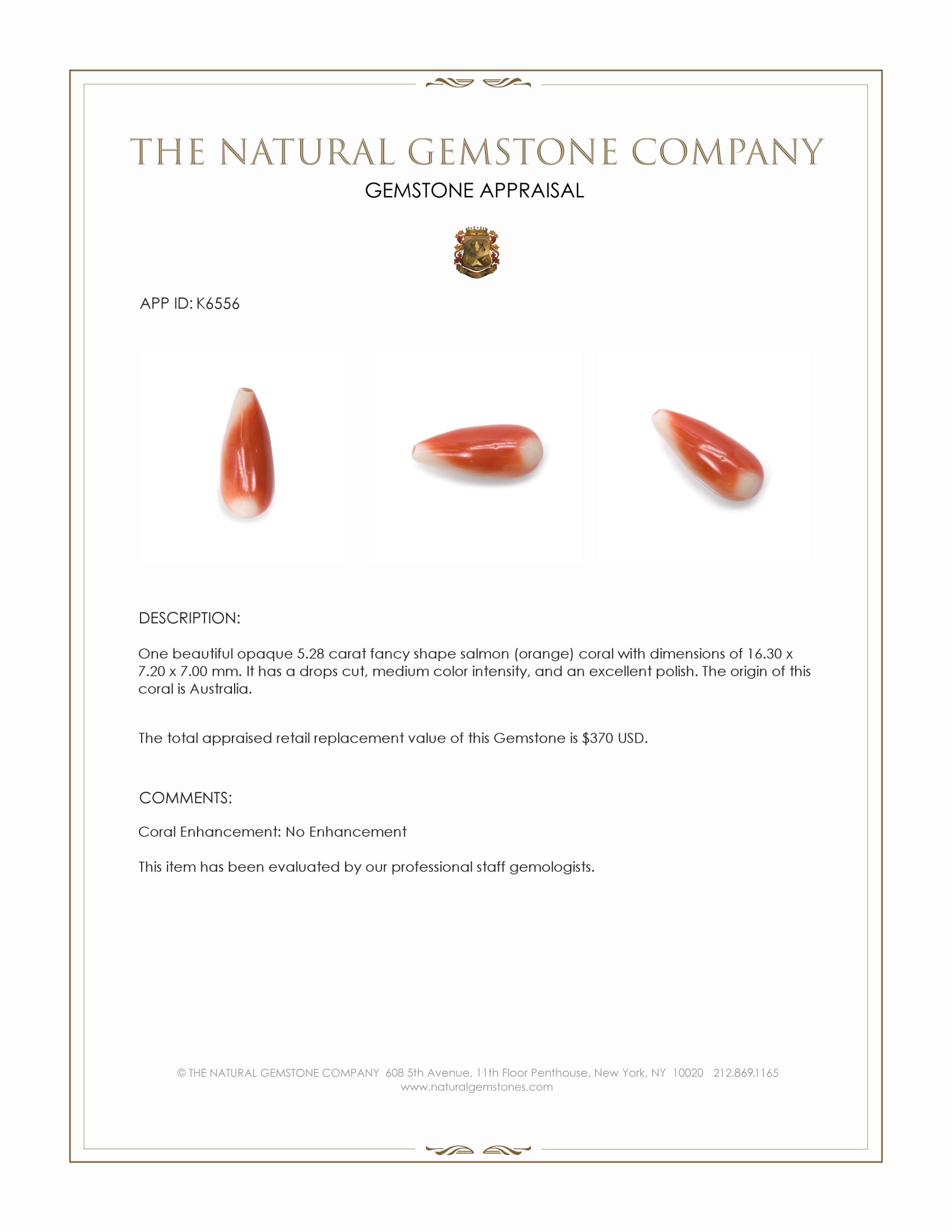 5.28 Ct. Salmon (Orange) Coral from Australia