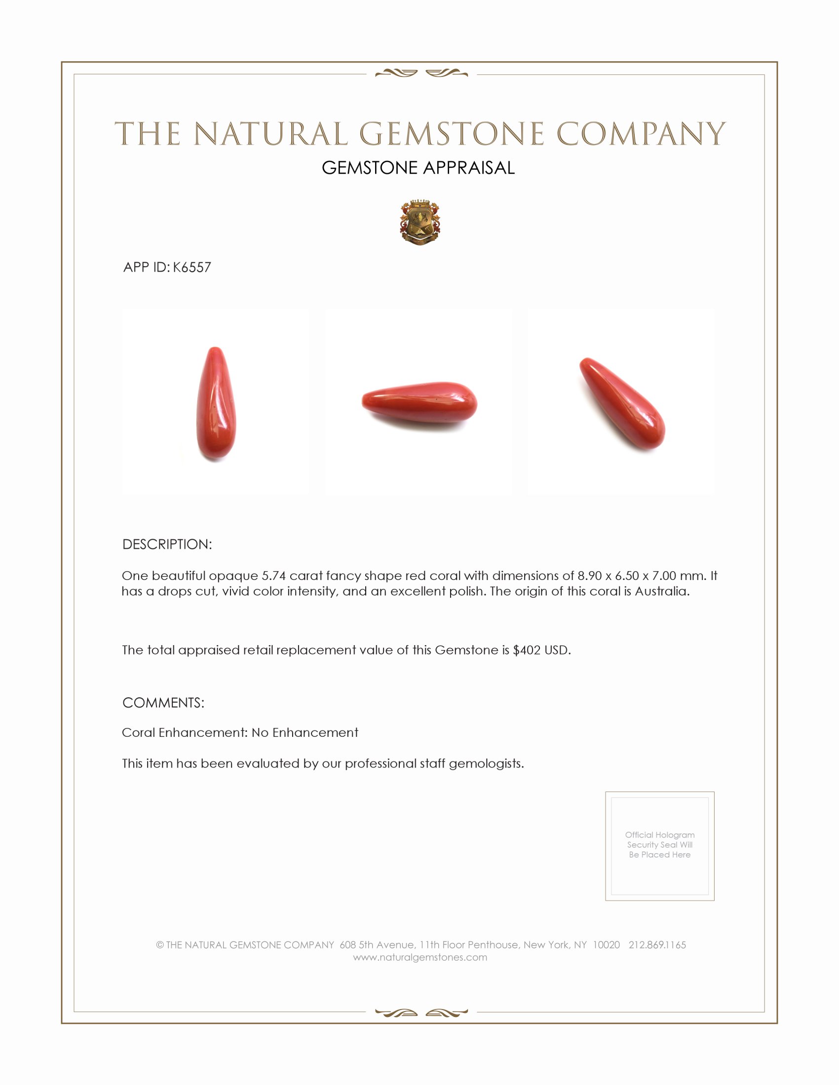 5.74 Ct. Salmon (Orangish Red) Coral from Australia