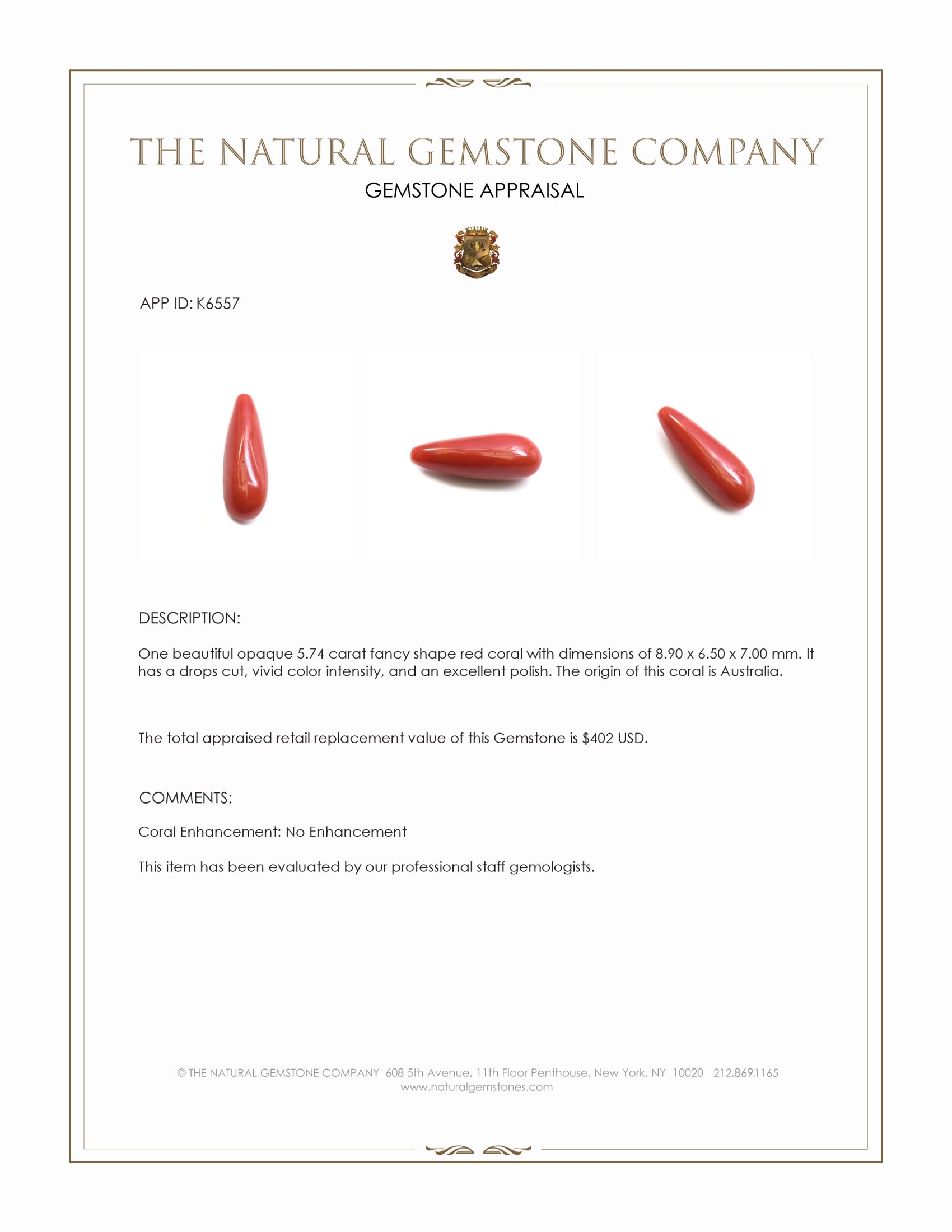 5.74 Ct. Coral from Australia