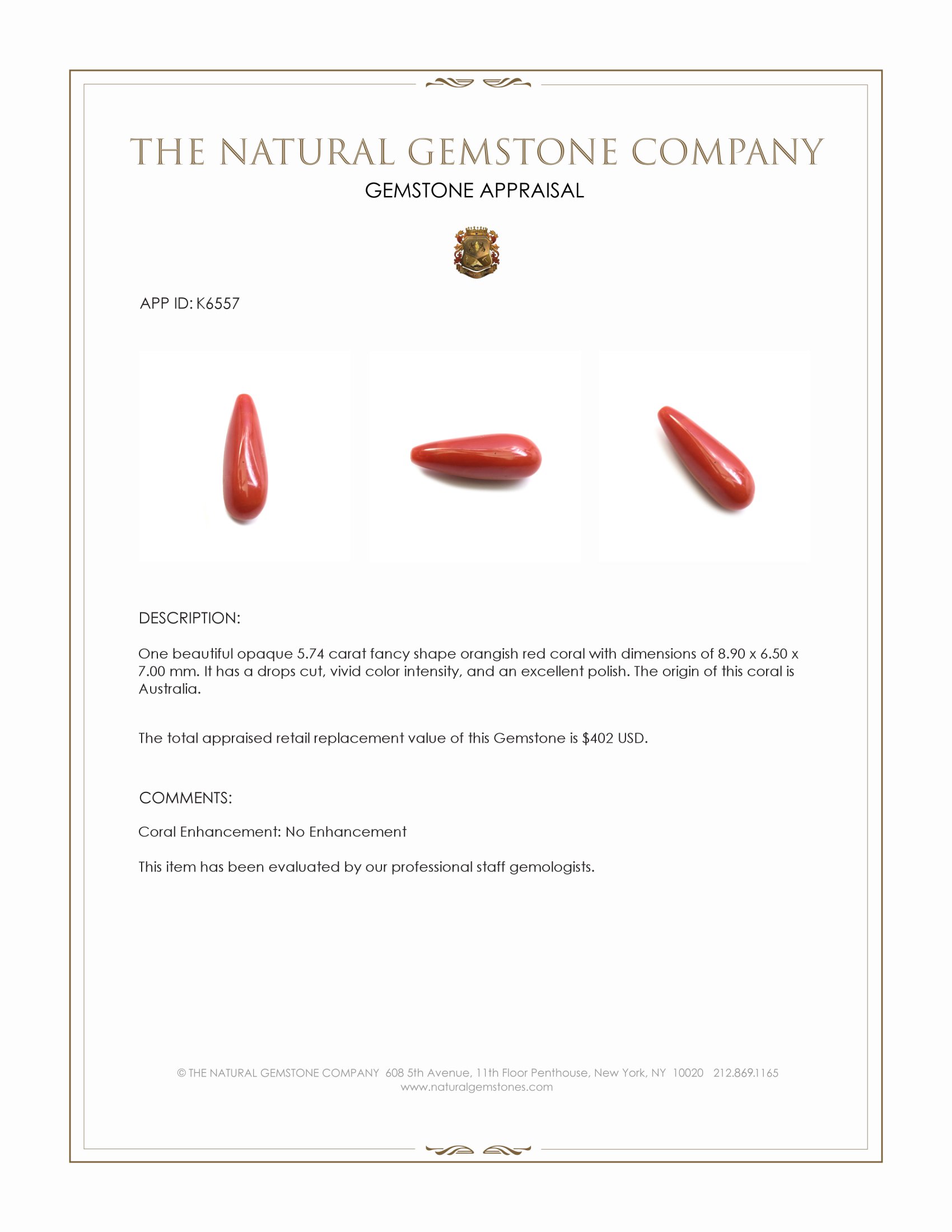 5.74 Ct. Coral from Australia