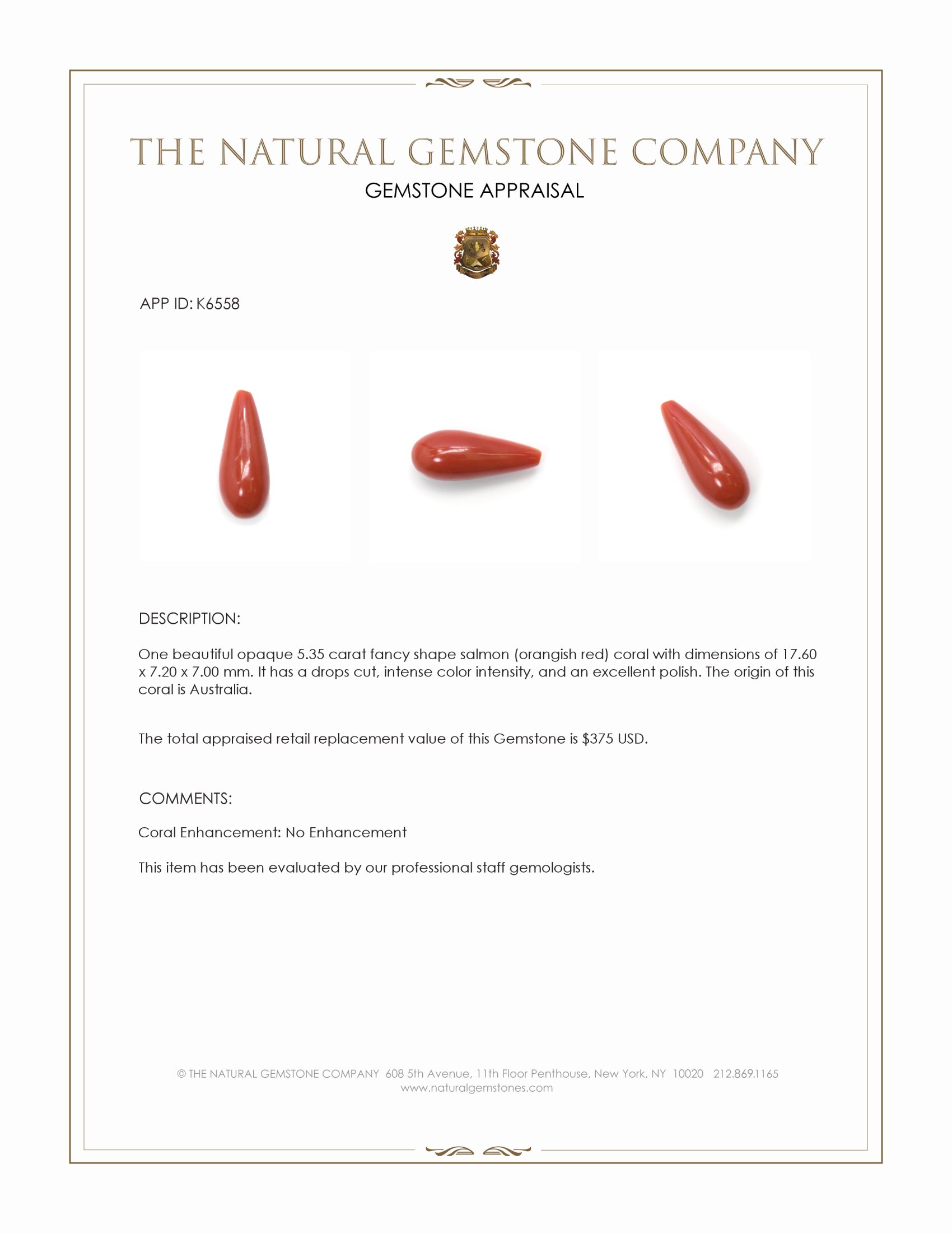 5.35 Ct. Salmon (Orangish Red) Coral from Australia