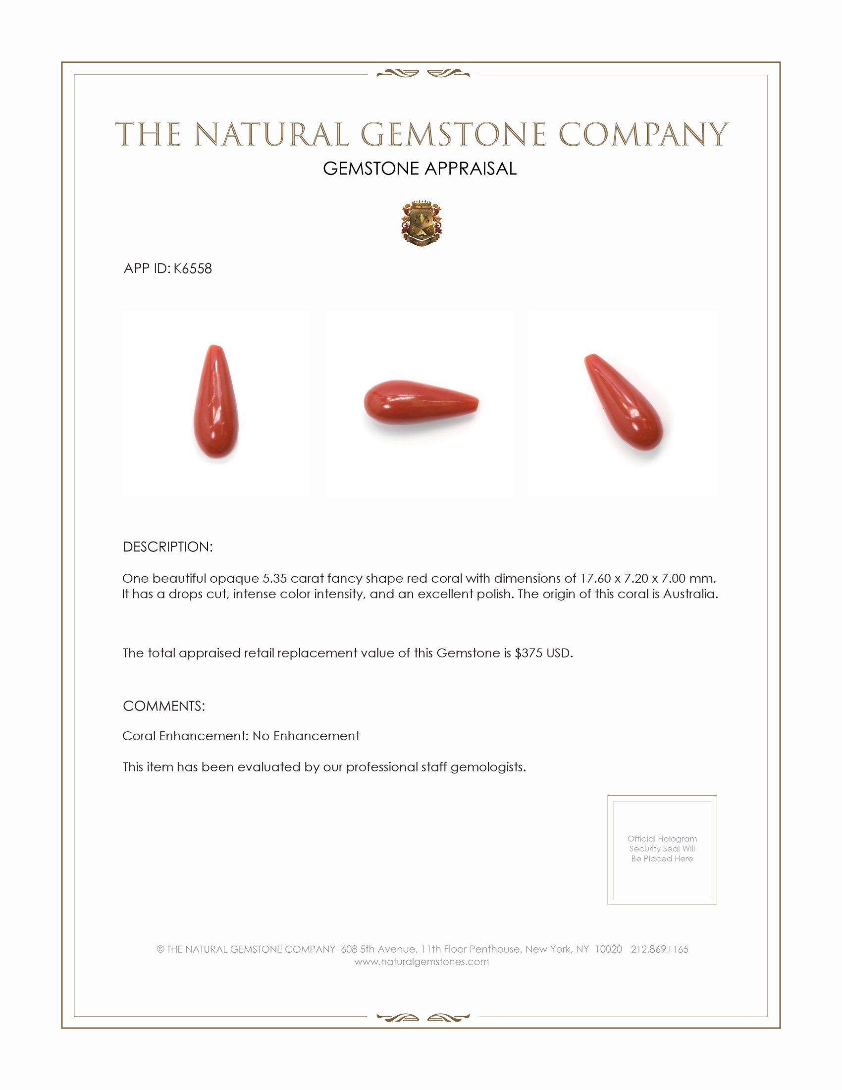 5.35 Ct. Coral from Australia