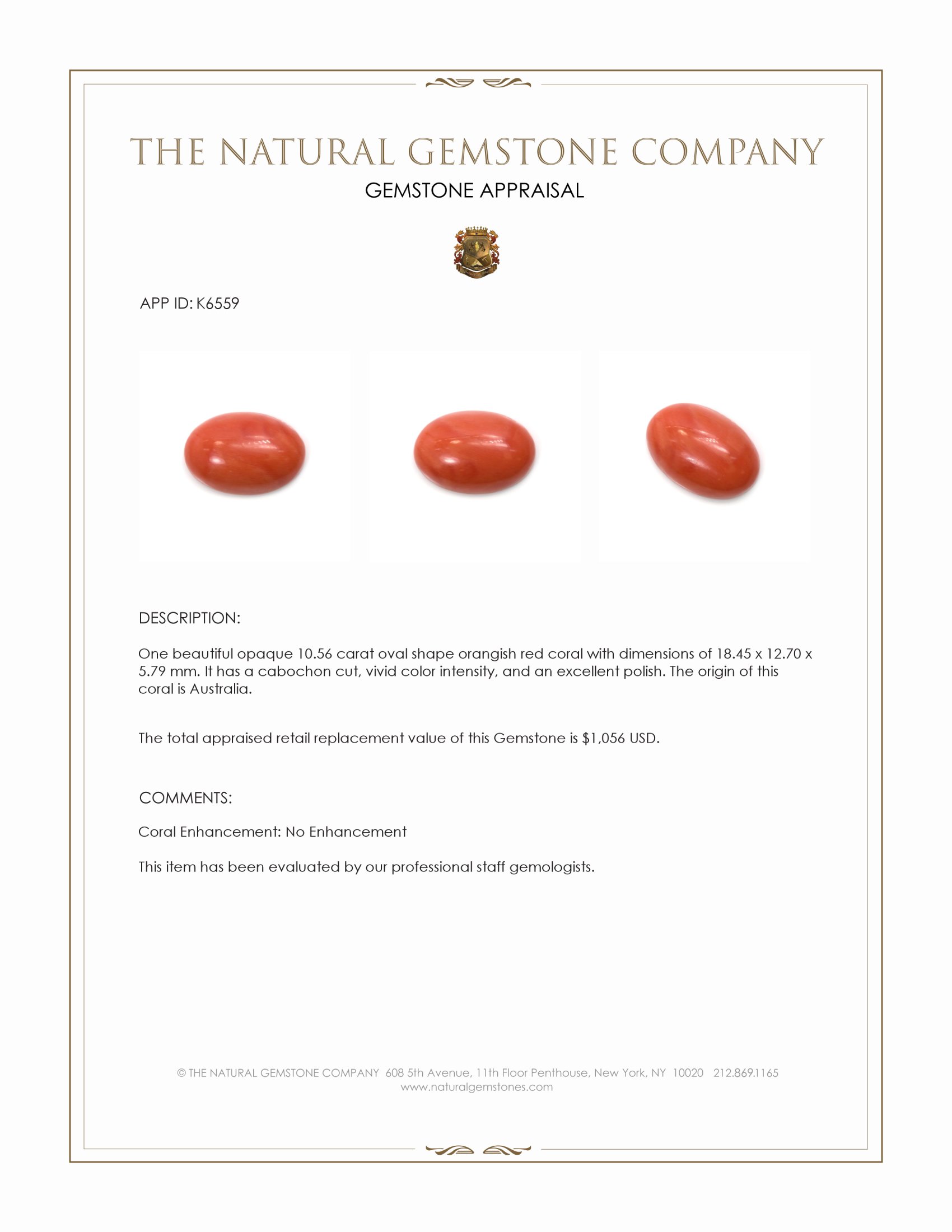 10.56 Ct. Cabochon Coral from Australia