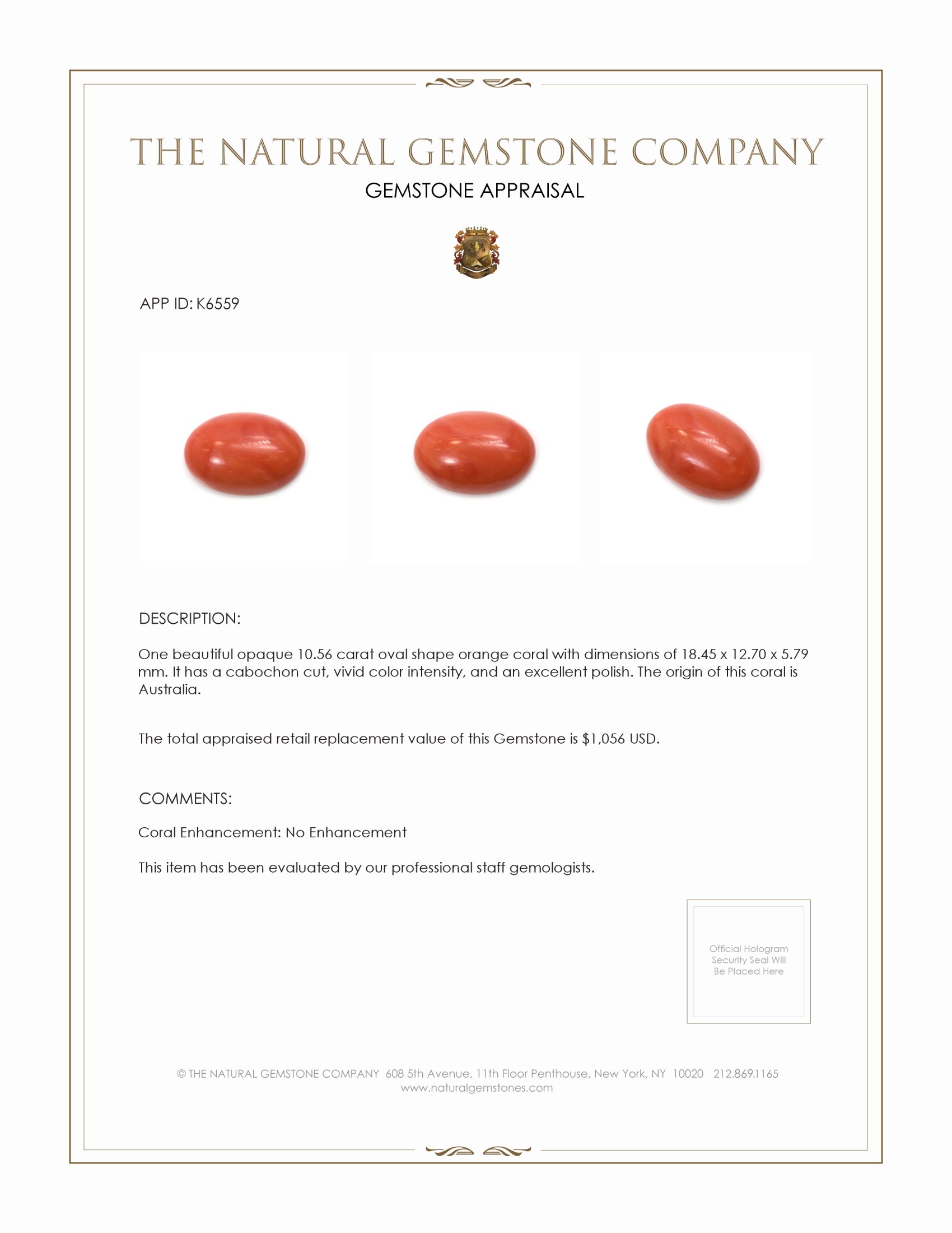 10.56 Ct. Cabochon Coral from Australia