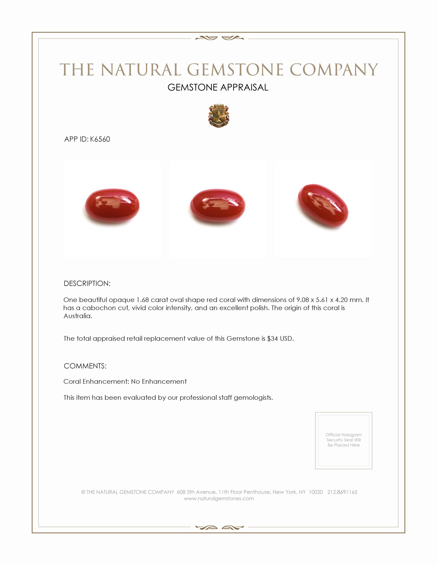 1.68 Ct. Cabochon Coral from Australia