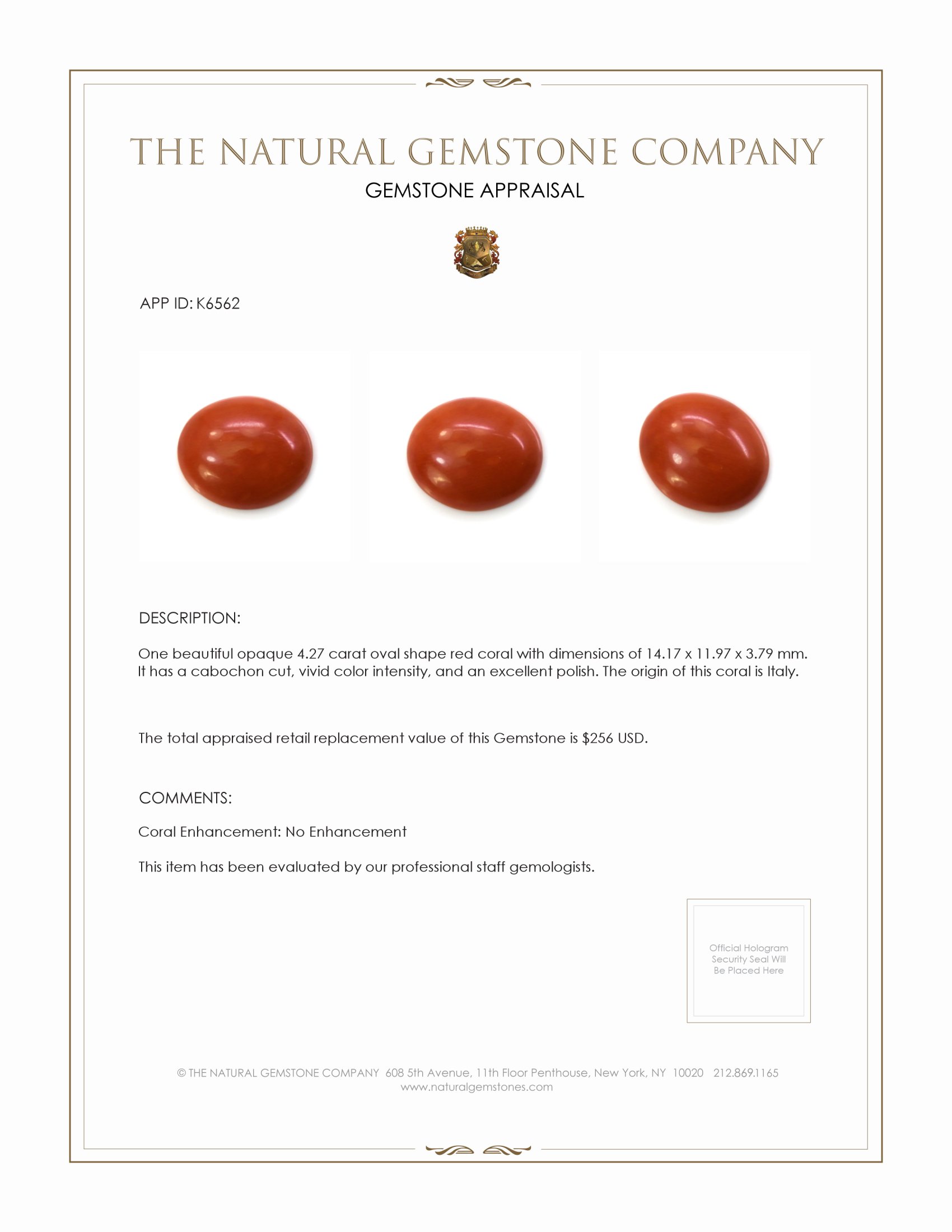 4.27 Ct. Cabochon Coral from Italy