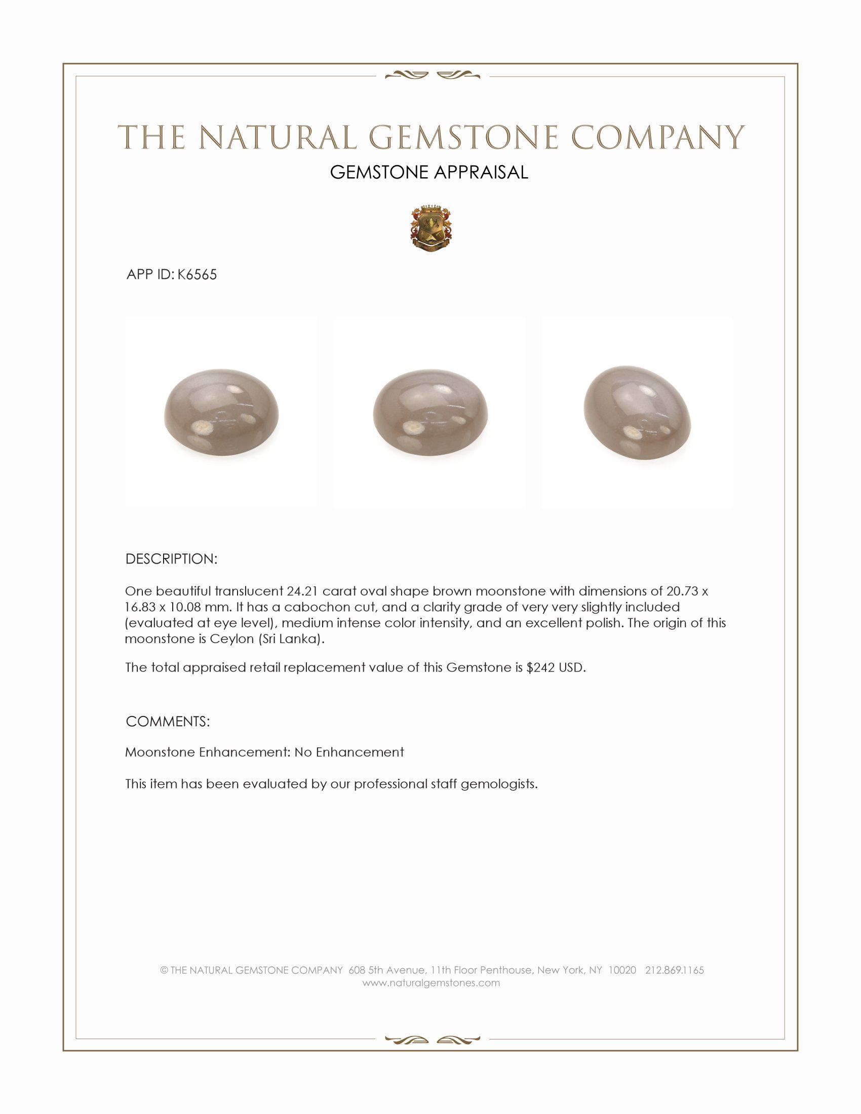 24.21 Ct. Brown Cabochon Moonstone from Ceylon (Sri Lanka)