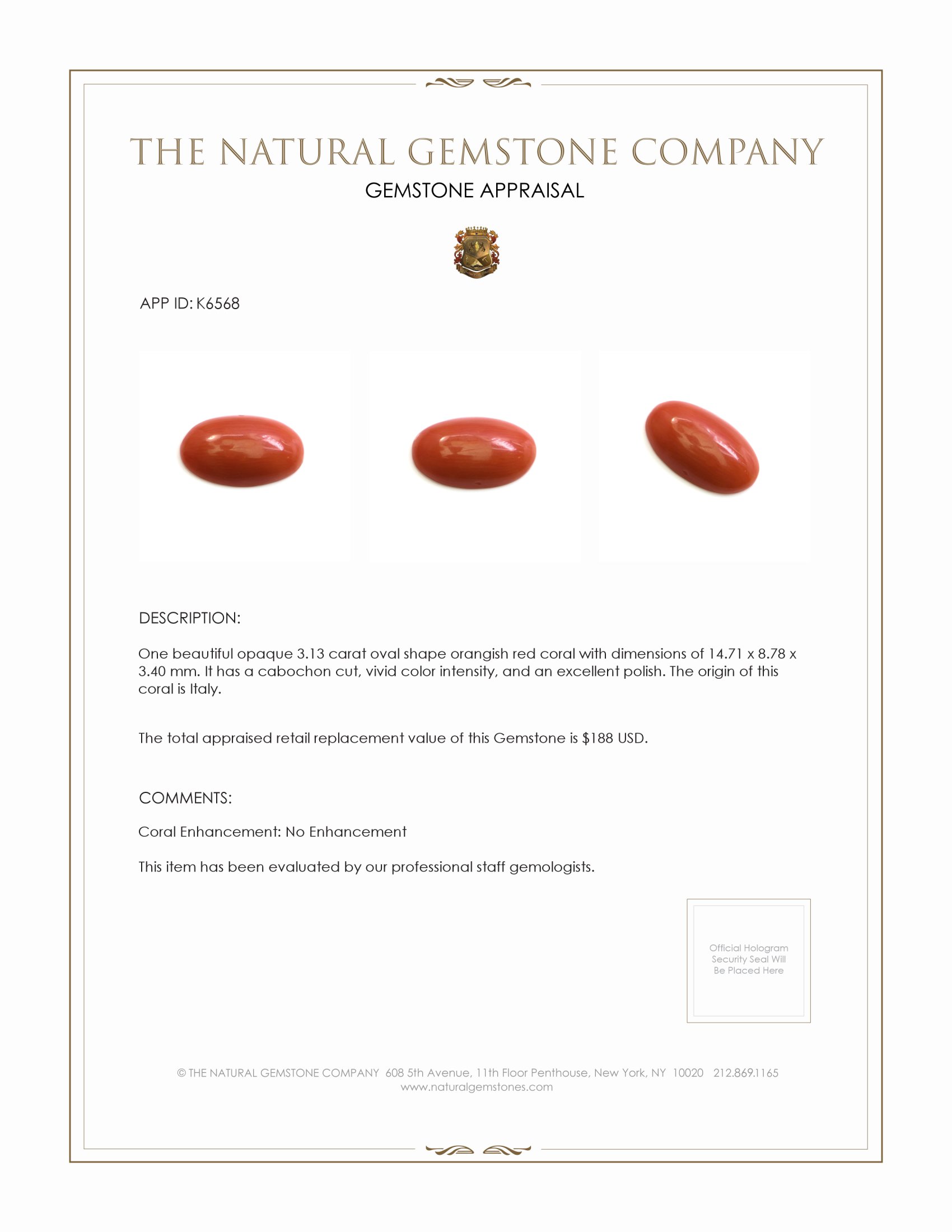 3.13 Ct. Cabochon Coral from Italy