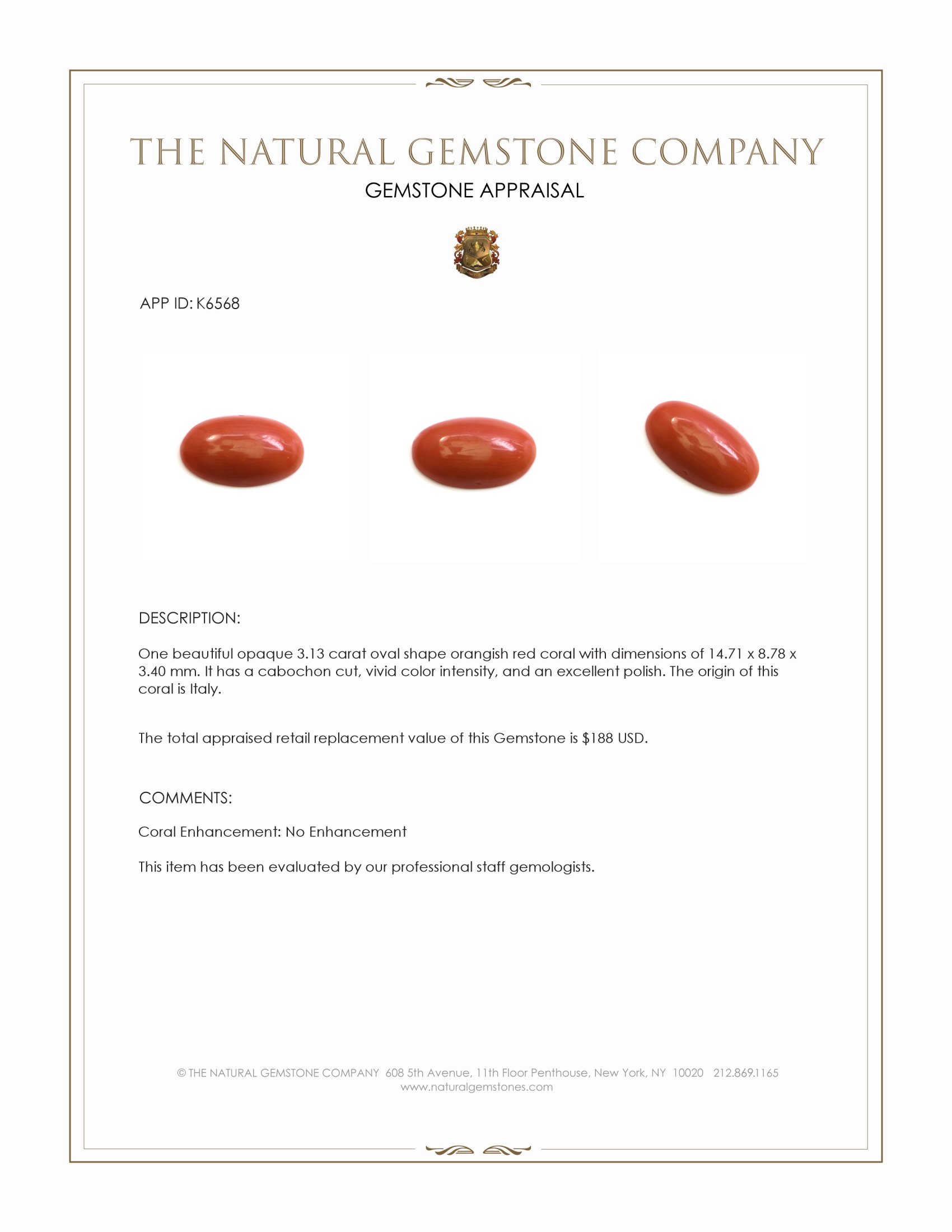 3.13 Ct. Cabochon Coral from Italy