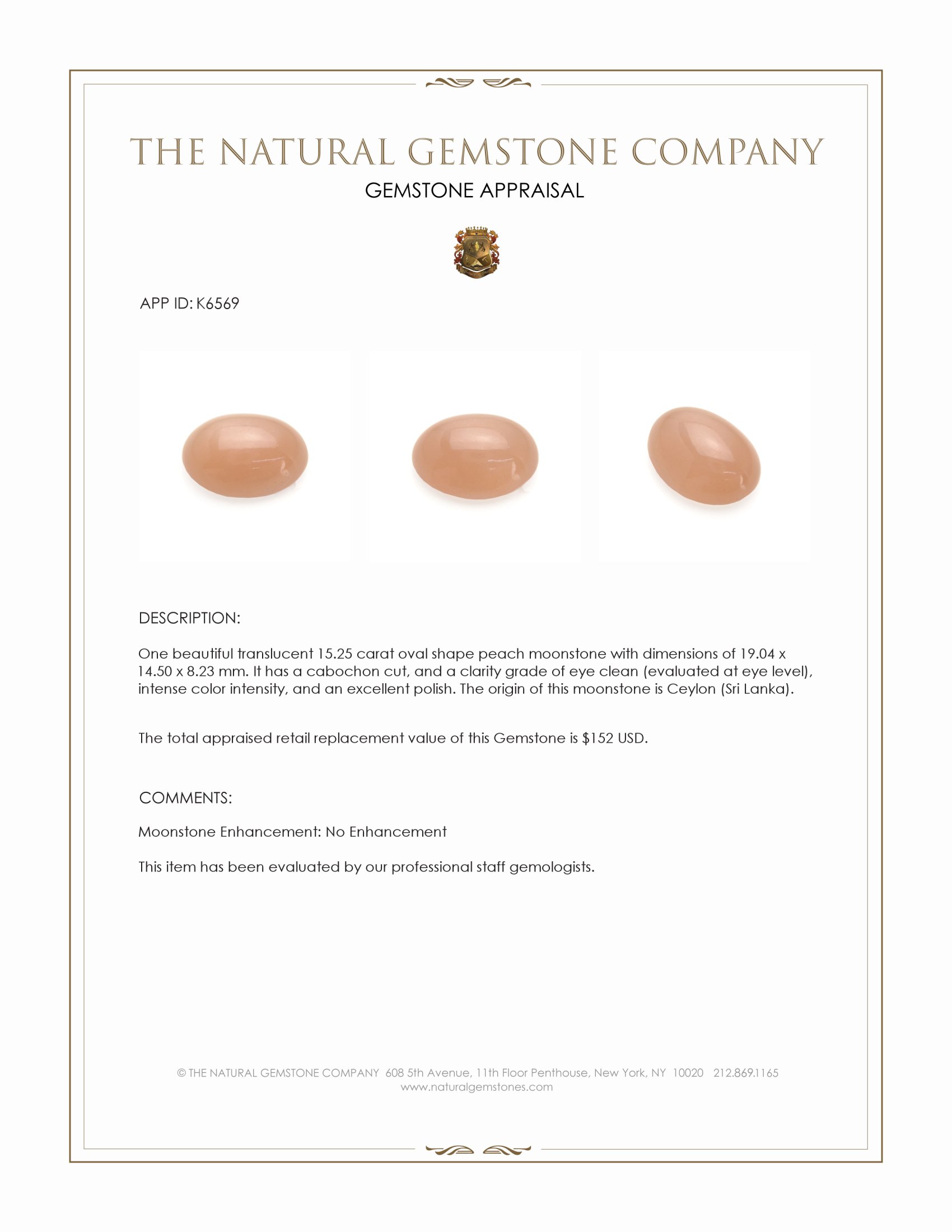 15.25 Ct. Peach Cabochon Moonstone from Ceylon (Sri Lanka)