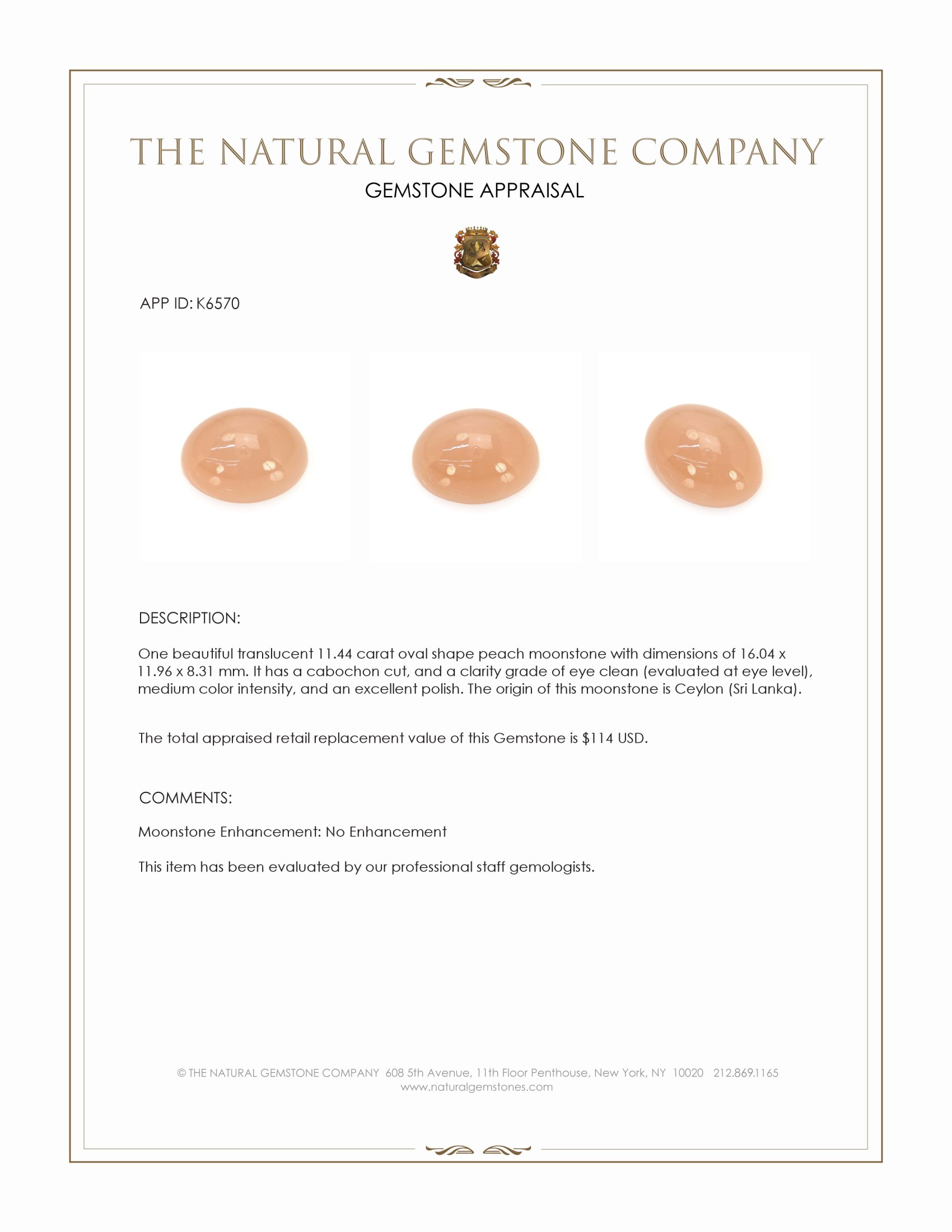 11.44 Ct. Peach Cabochon Moonstone from Ceylon (Sri Lanka)