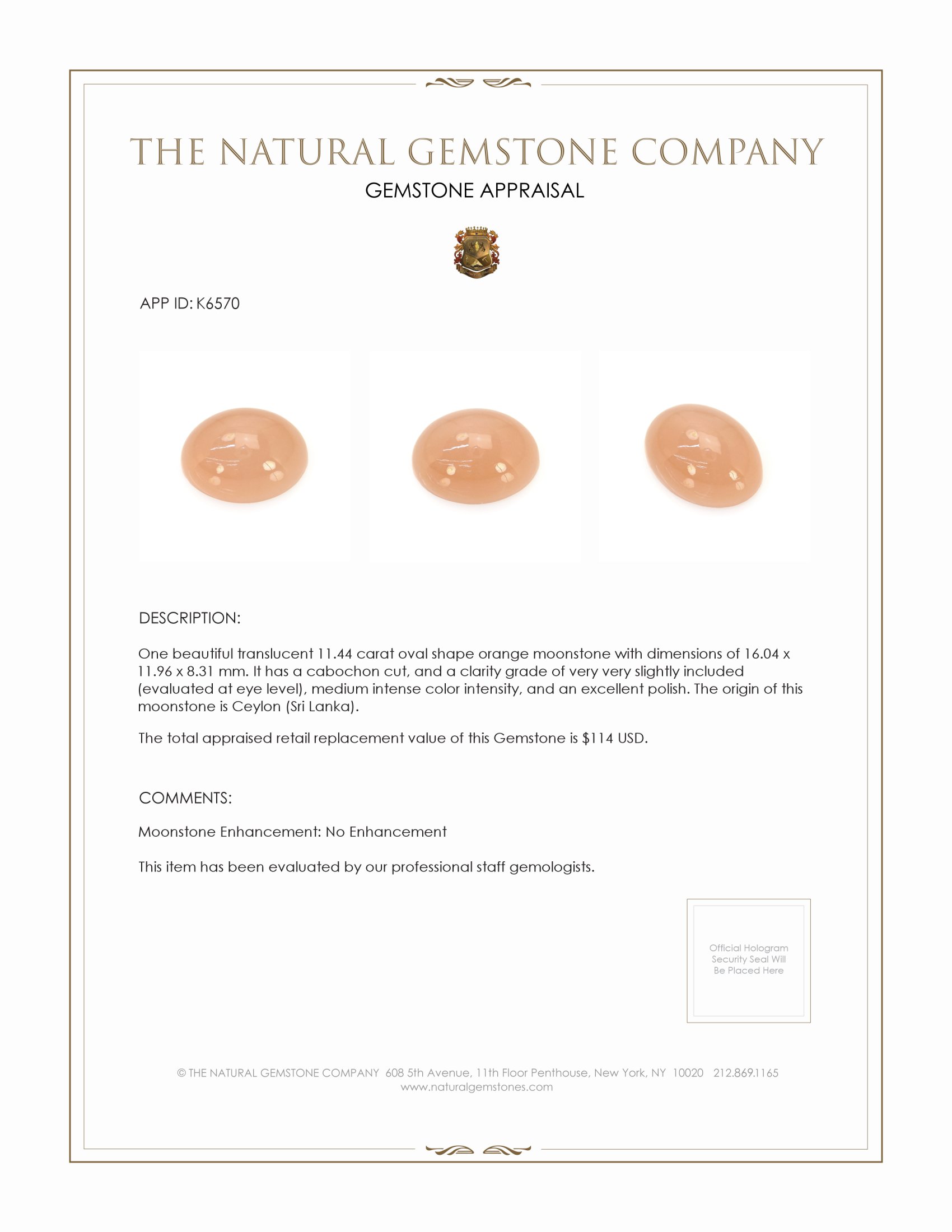 11.44 Ct. Cabochon Moonstone from Ceylon (Sri Lanka)