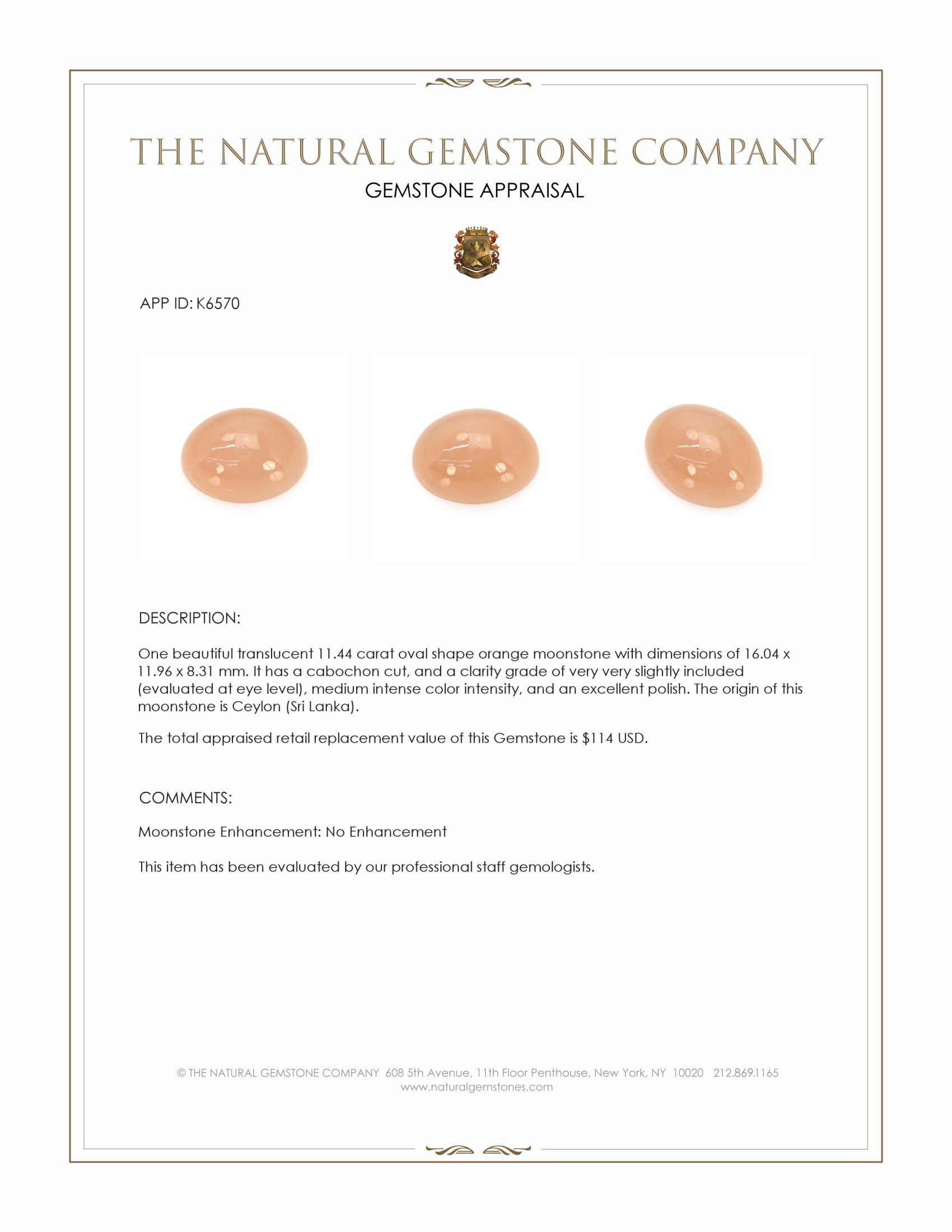 11.44 Ct. Cabochon Moonstone from Ceylon (Sri Lanka)