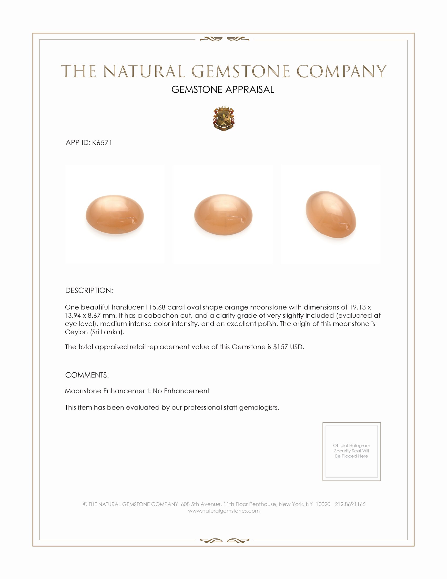 15.68 Ct. Cabochon Moonstone from Ceylon (Sri Lanka)