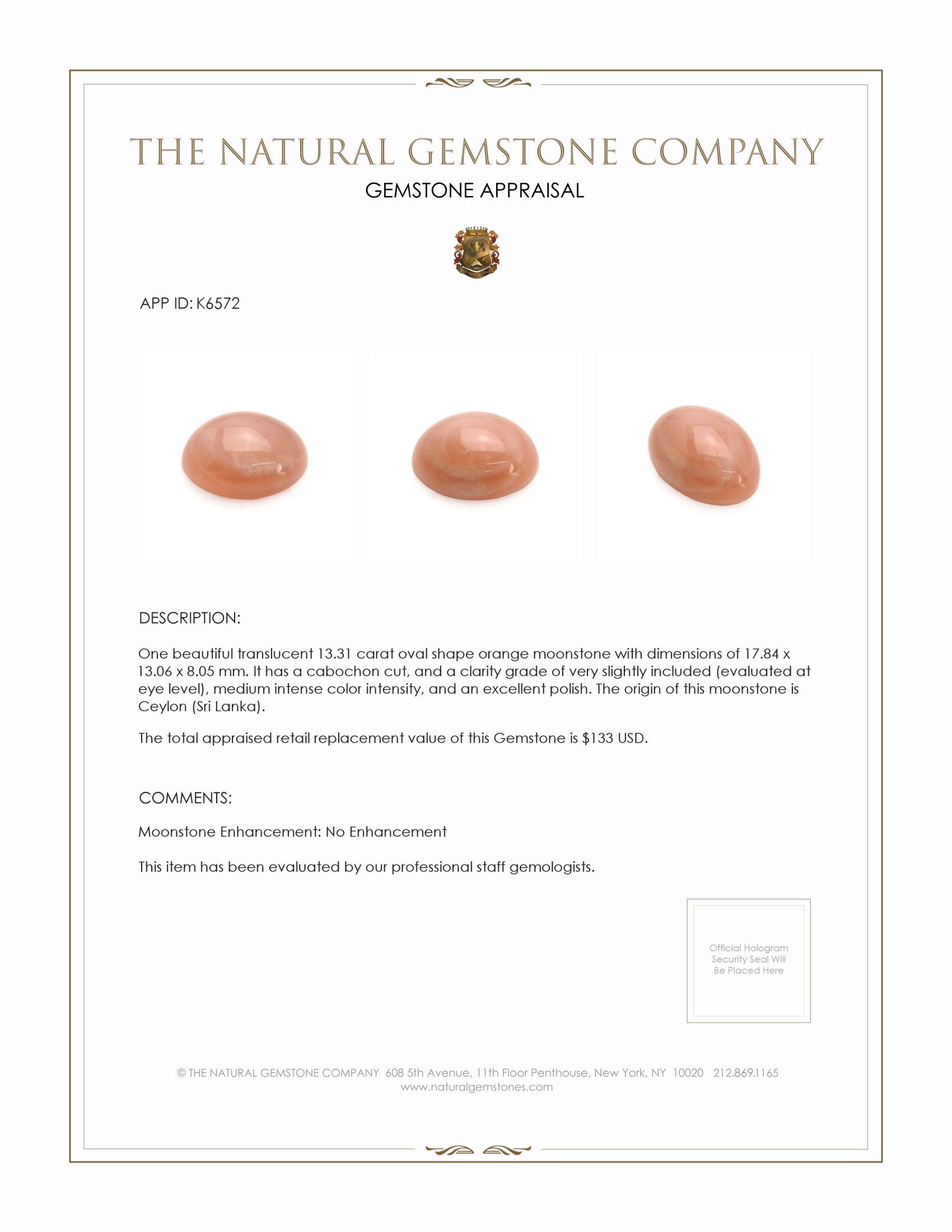 13.31 Ct. Cabochon Moonstone from Ceylon (Sri Lanka)