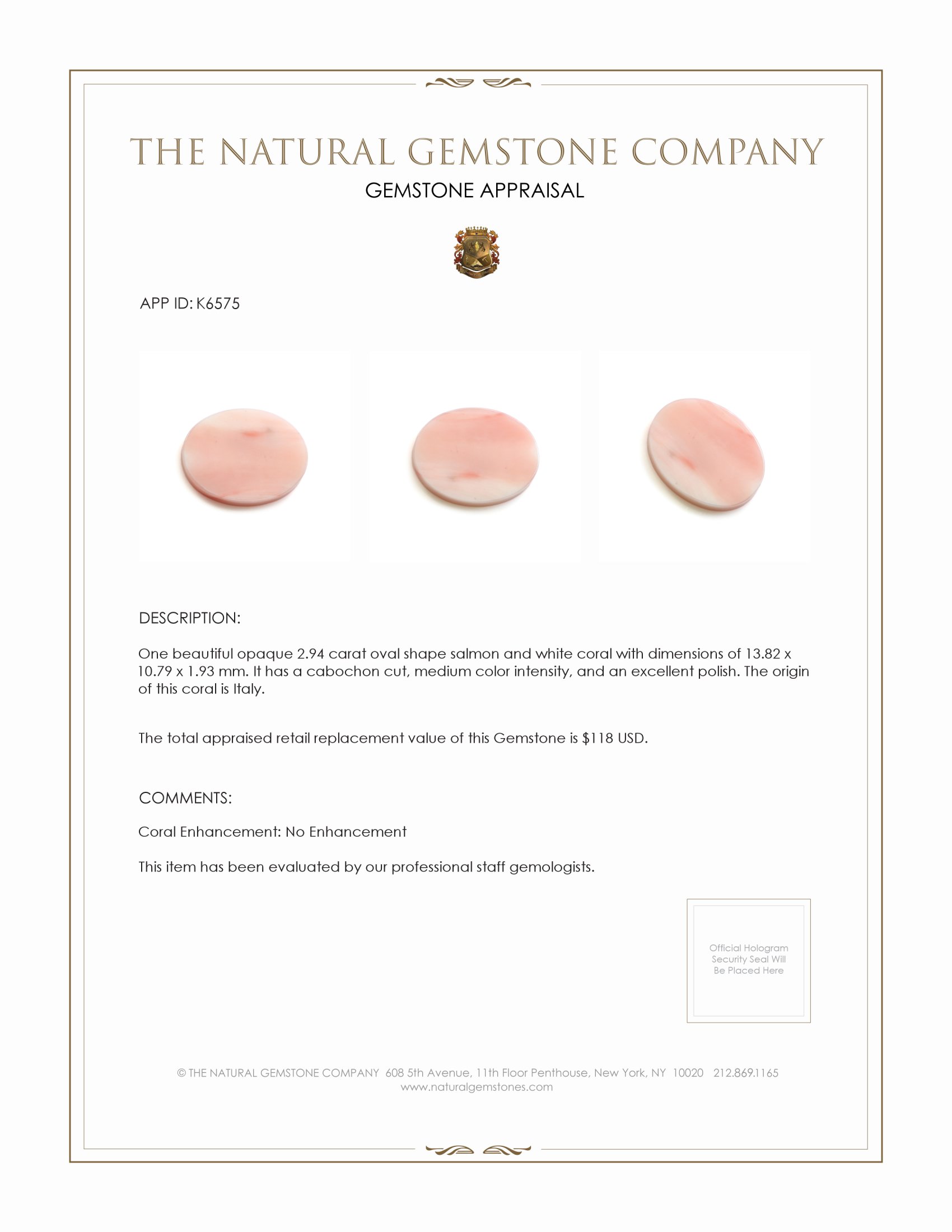 2.94 Ct. Cabochon Coral from Italy