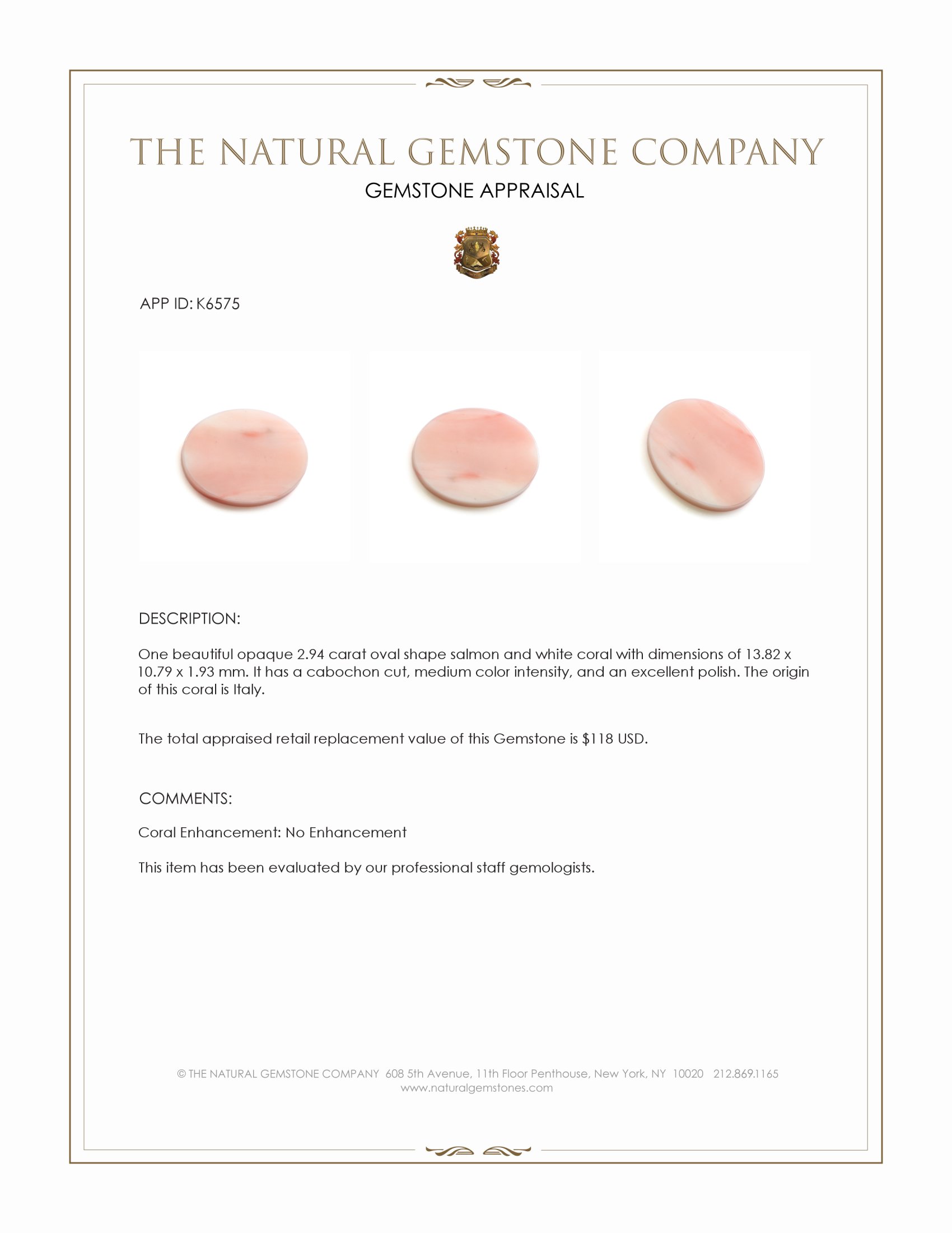 2.94 Ct. Cabochon Coral from Italy