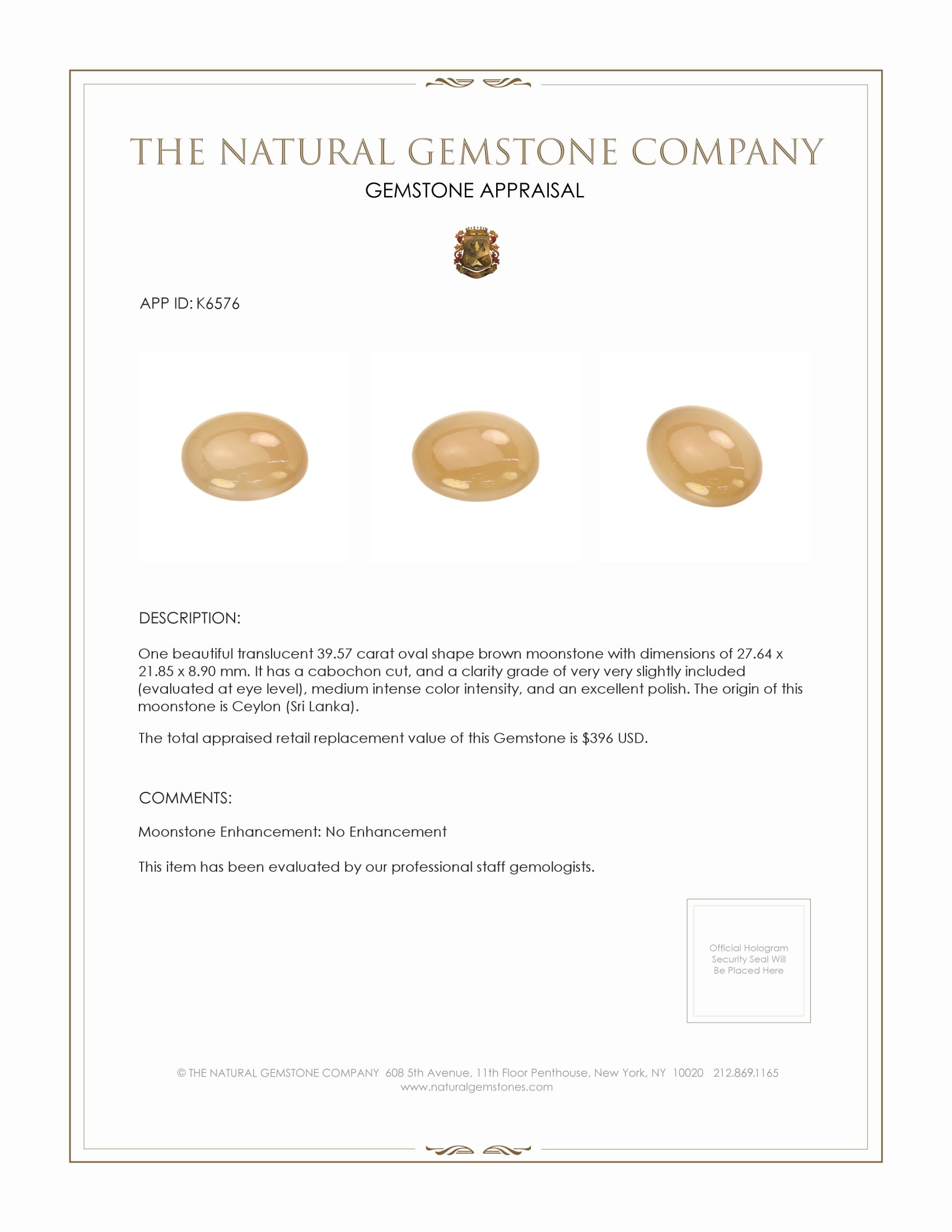 39.57 Ct. Brown Cabochon Moonstone from Ceylon (Sri Lanka)