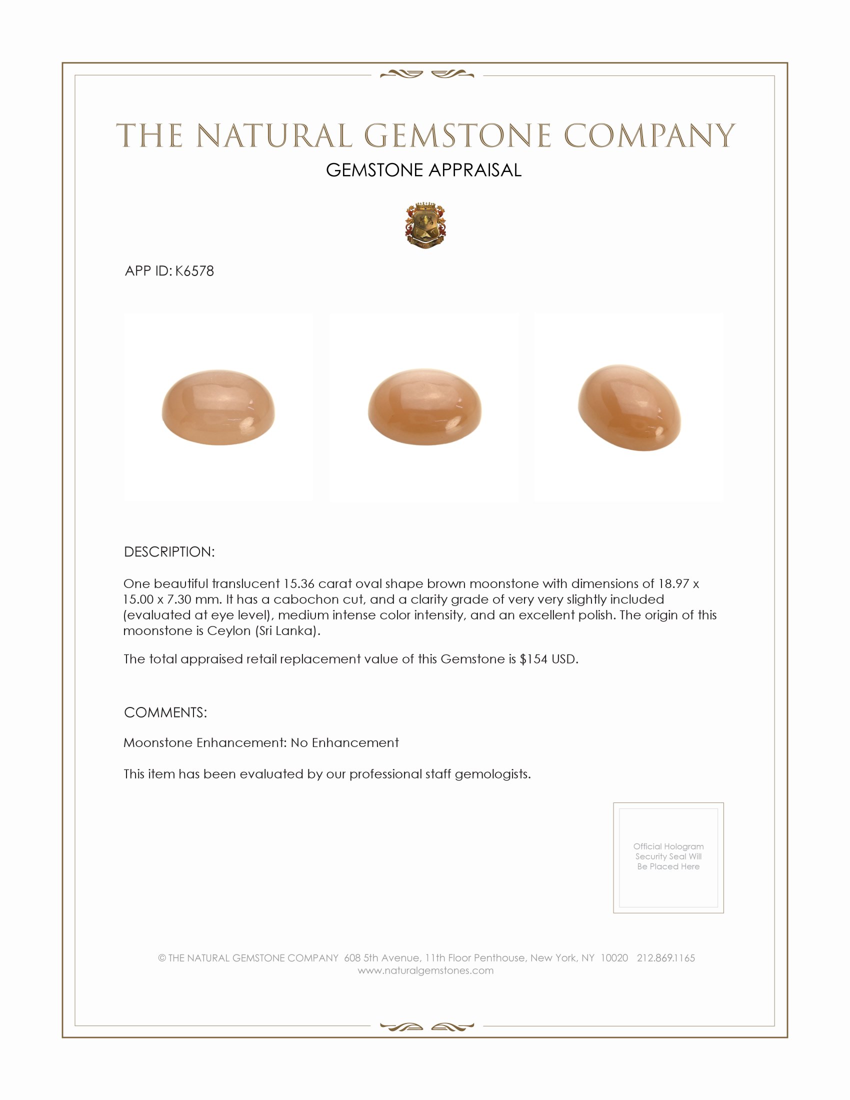 15.36 Ct. Brown Cabochon Moonstone from Ceylon (Sri Lanka)