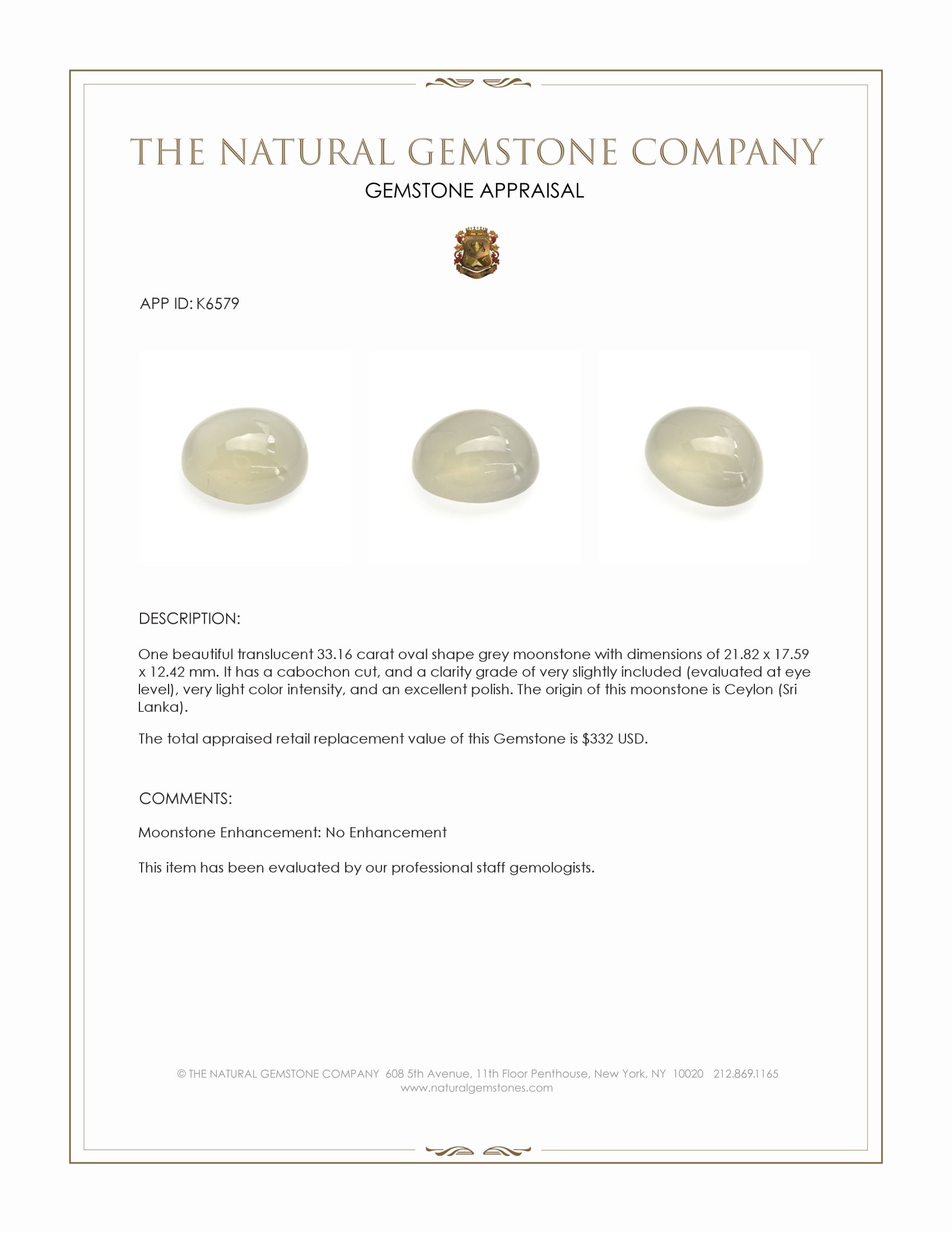 33.16 Ct. Grey Cabochon Moonstone from Ceylon (Sri Lanka)