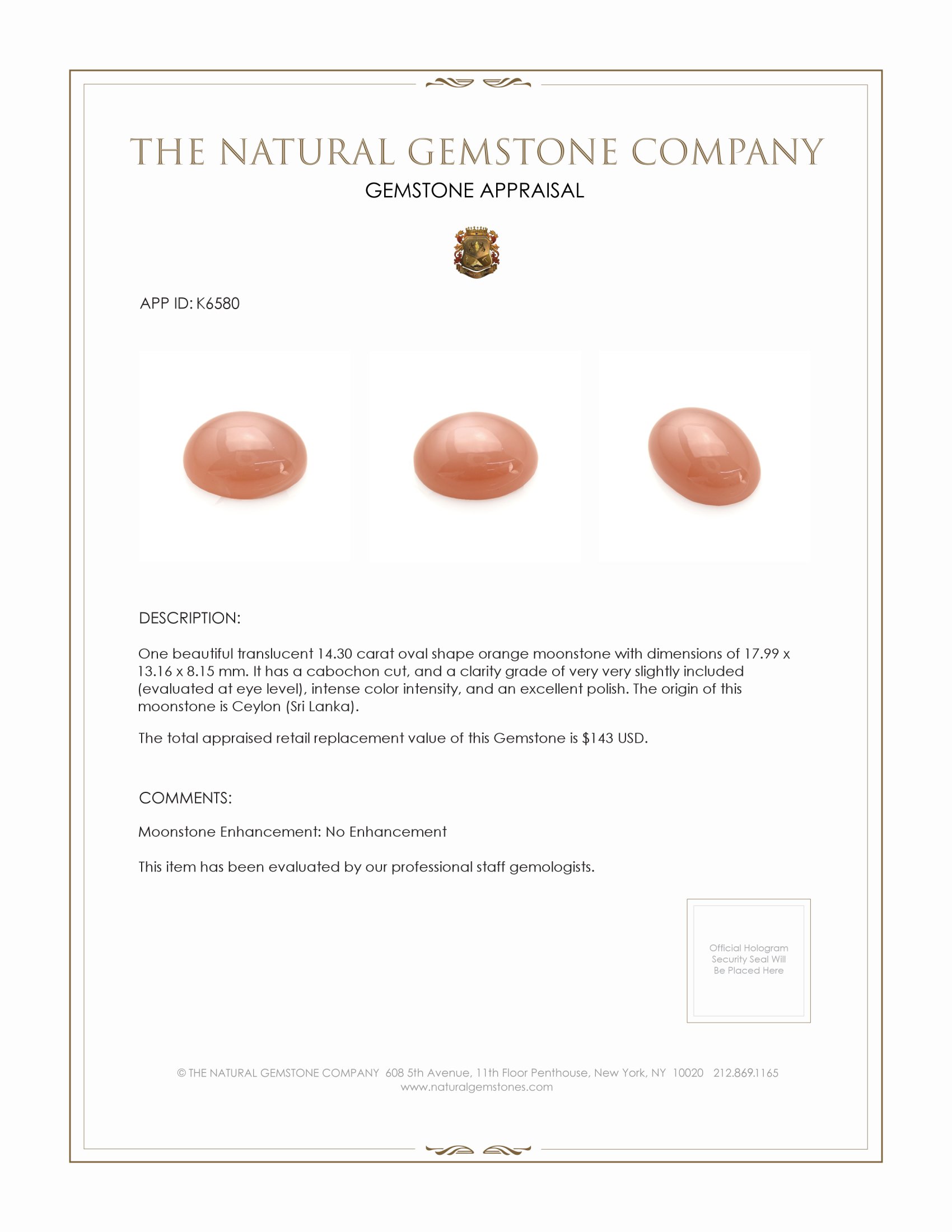 14.30 Ct. Cabochon Moonstone from Ceylon (Sri Lanka)