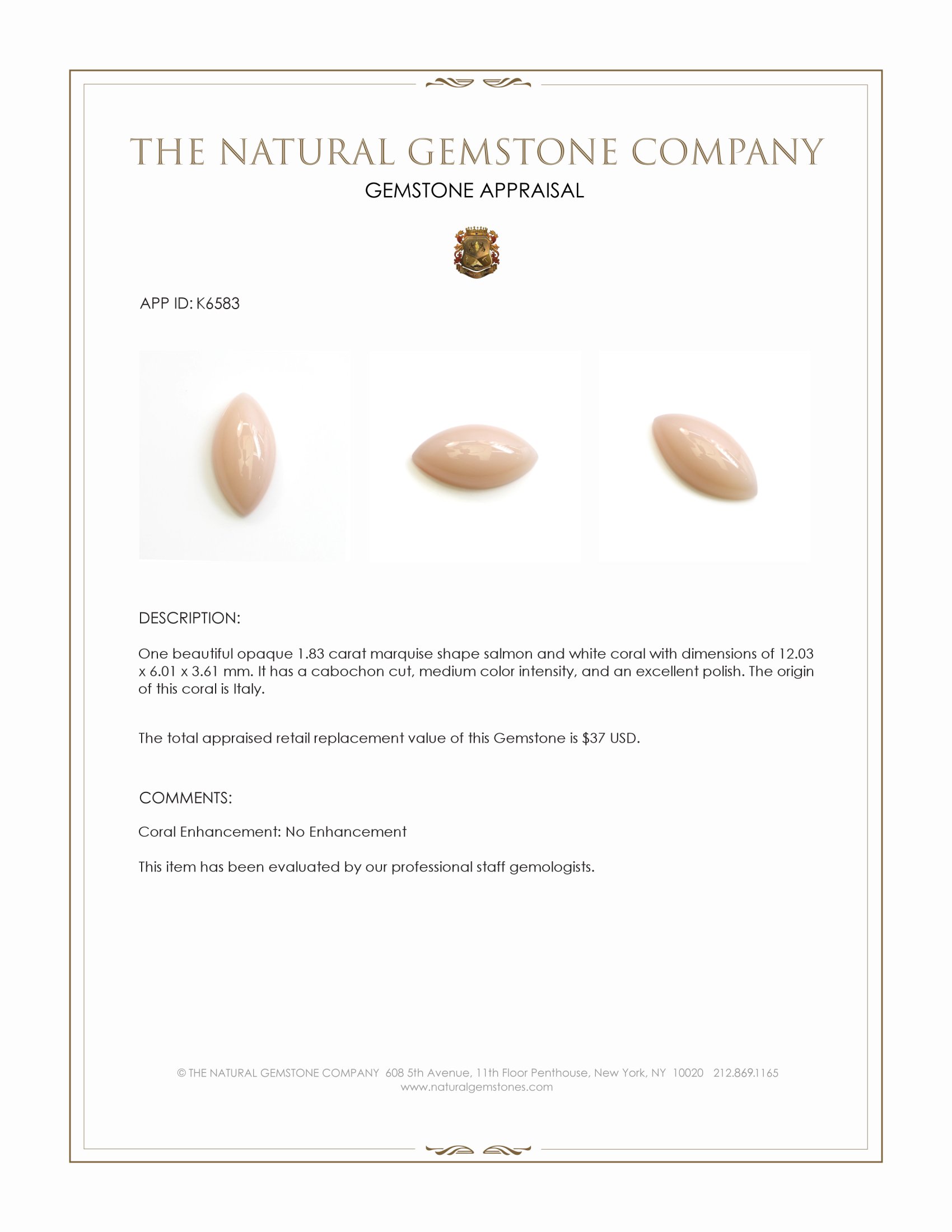 1.83 Ct. Cabochon Coral from Italy