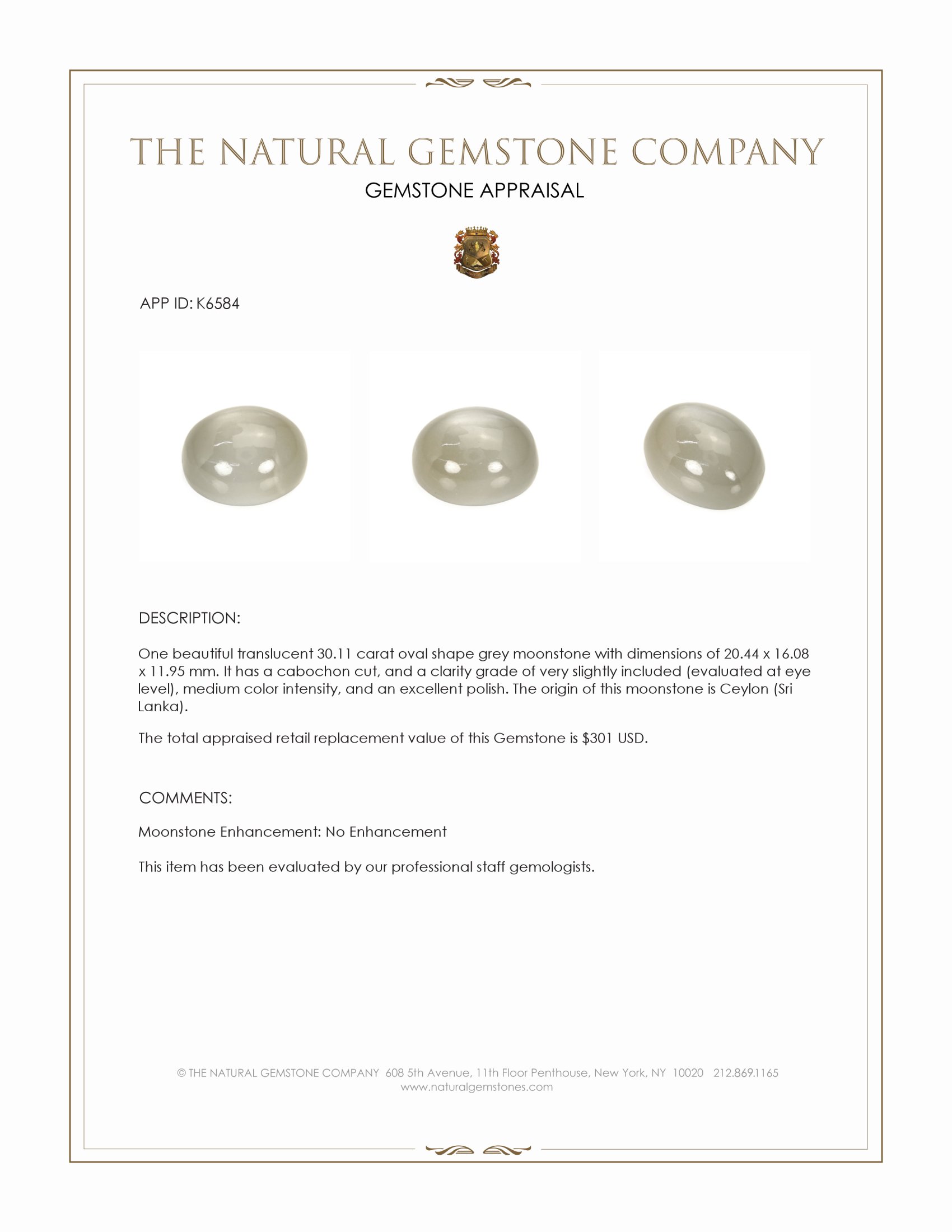 30.11 Ct. Grey Cabochon Moonstone from Ceylon (Sri Lanka)