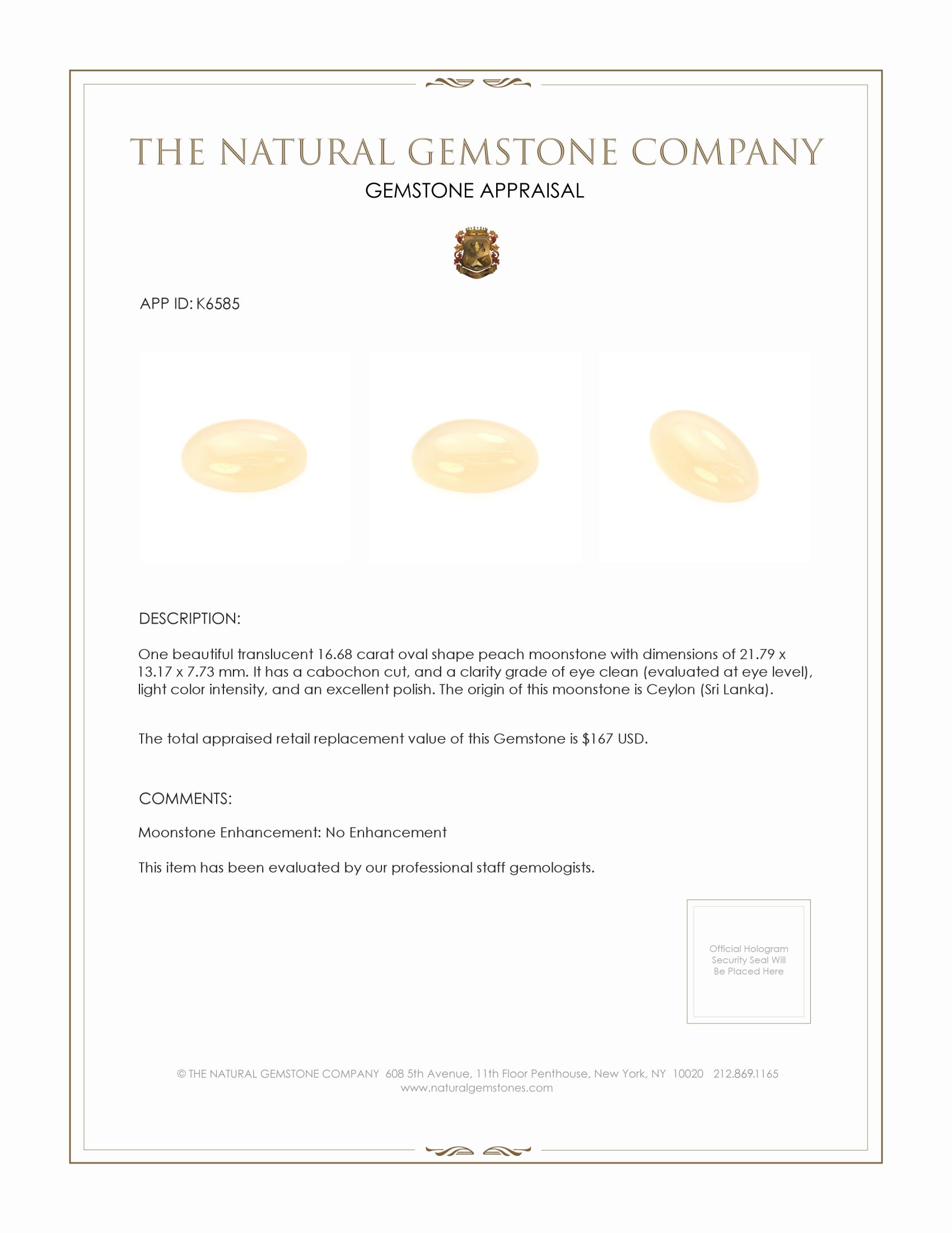 16.68 Ct. Cabochon Moonstone from Ceylon (Sri Lanka)