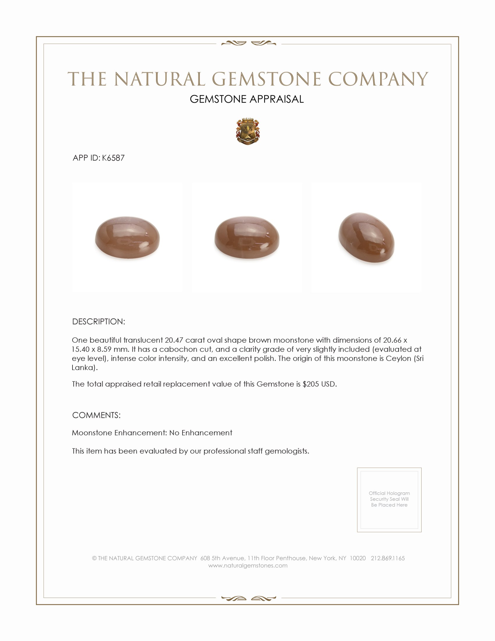 20.47 Ct. Brown Cabochon Moonstone from Ceylon (Sri Lanka)