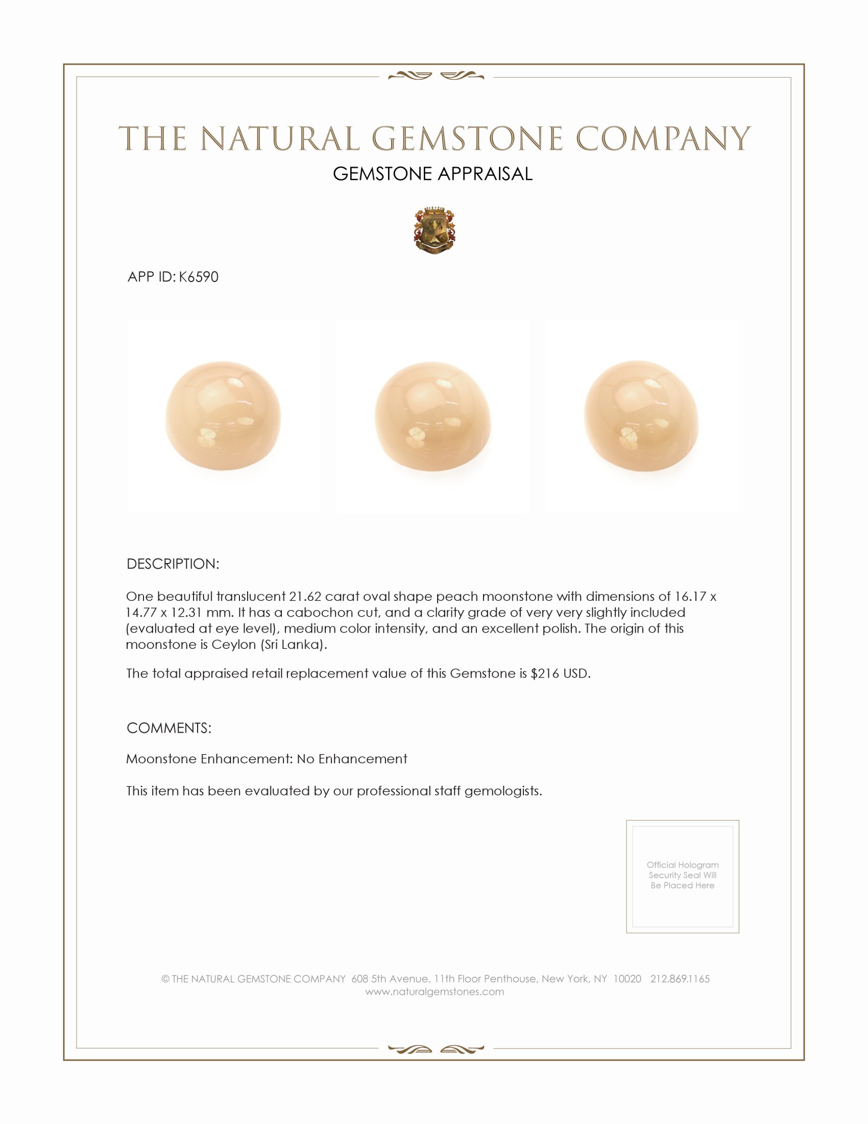 21.62 Ct. Peach Cabochon Moonstone from Ceylon (Sri Lanka)