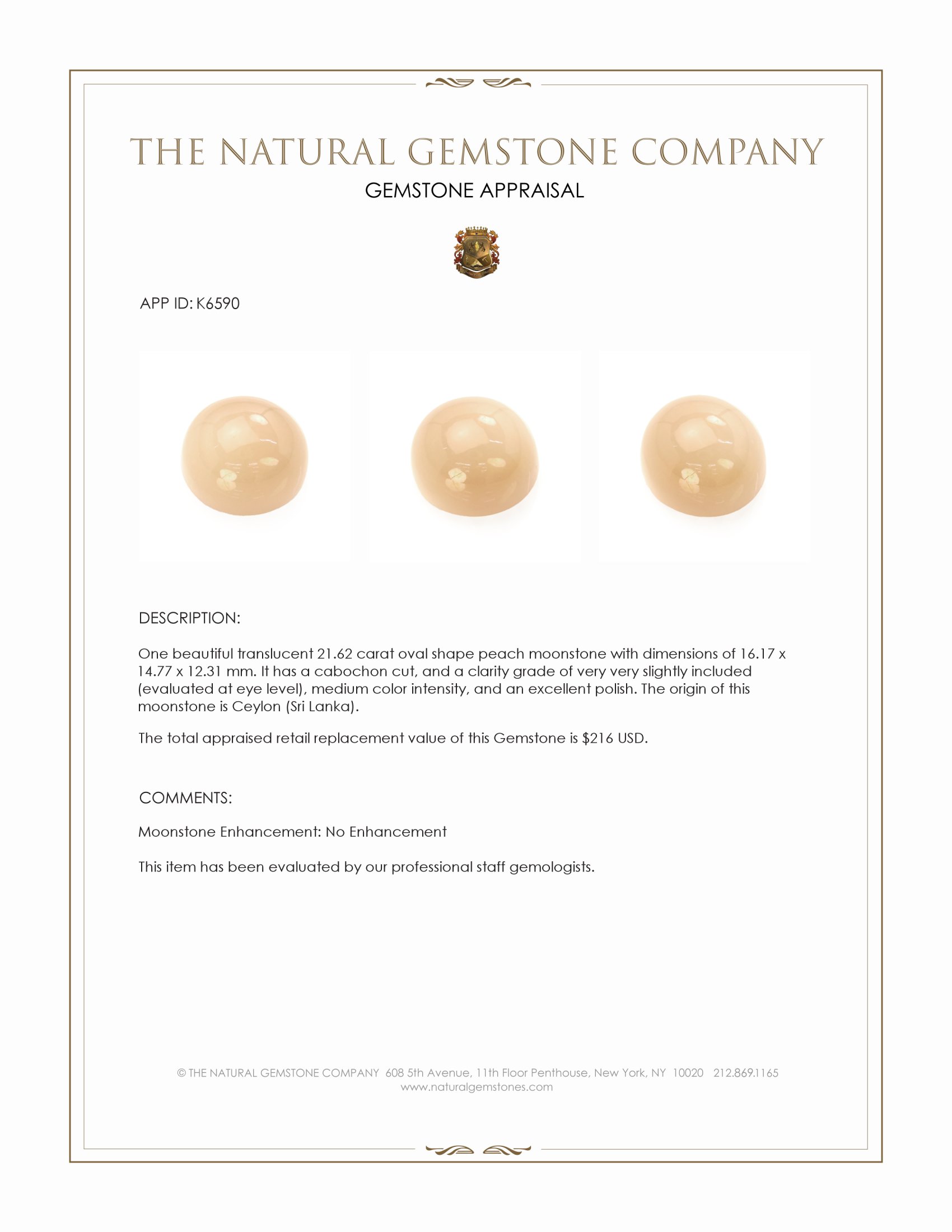 21.62 Ct. Cabochon Moonstone from Ceylon (Sri Lanka)