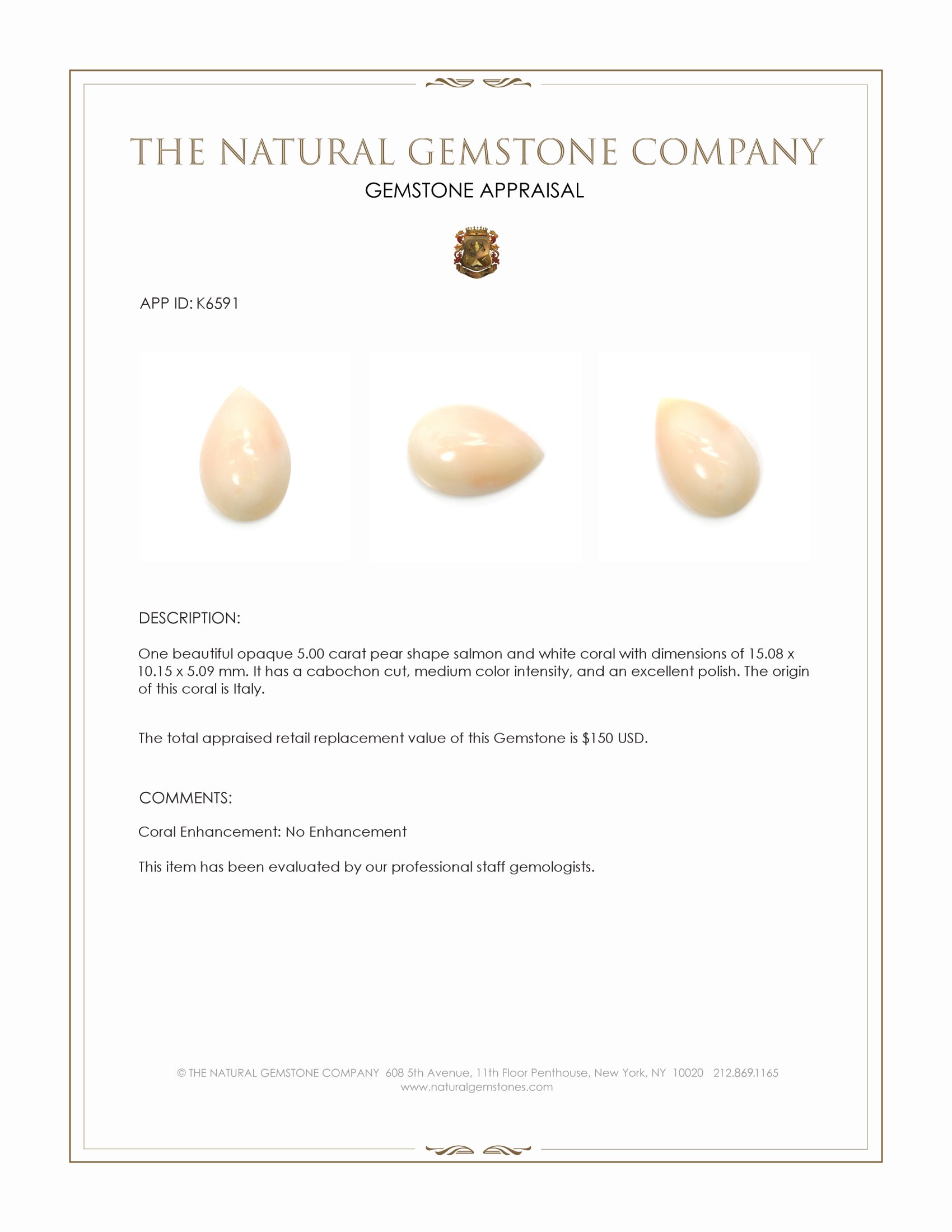 5.00 Ct. Cabochon Coral from Italy