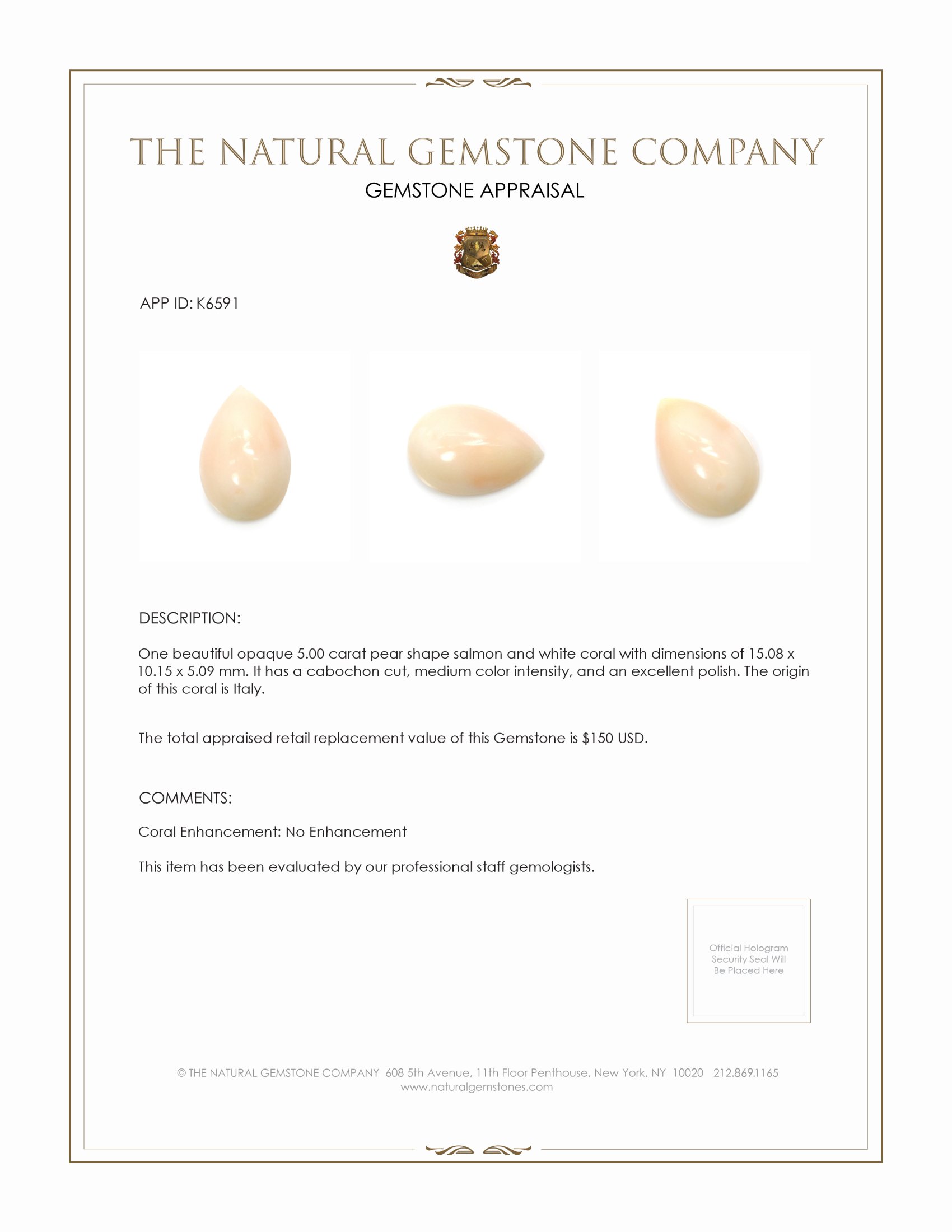 5.00 Ct. Cabochon Coral from Italy