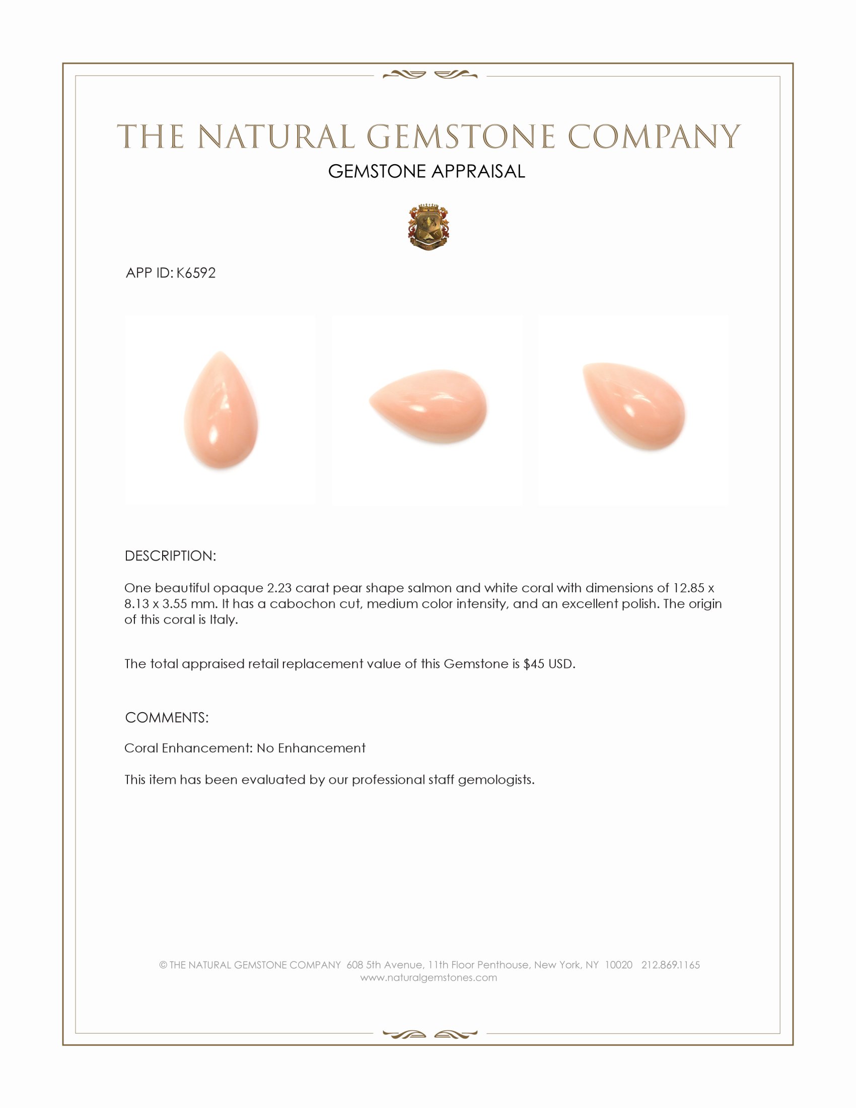 2.23 Ct. Cabochon Coral from Italy