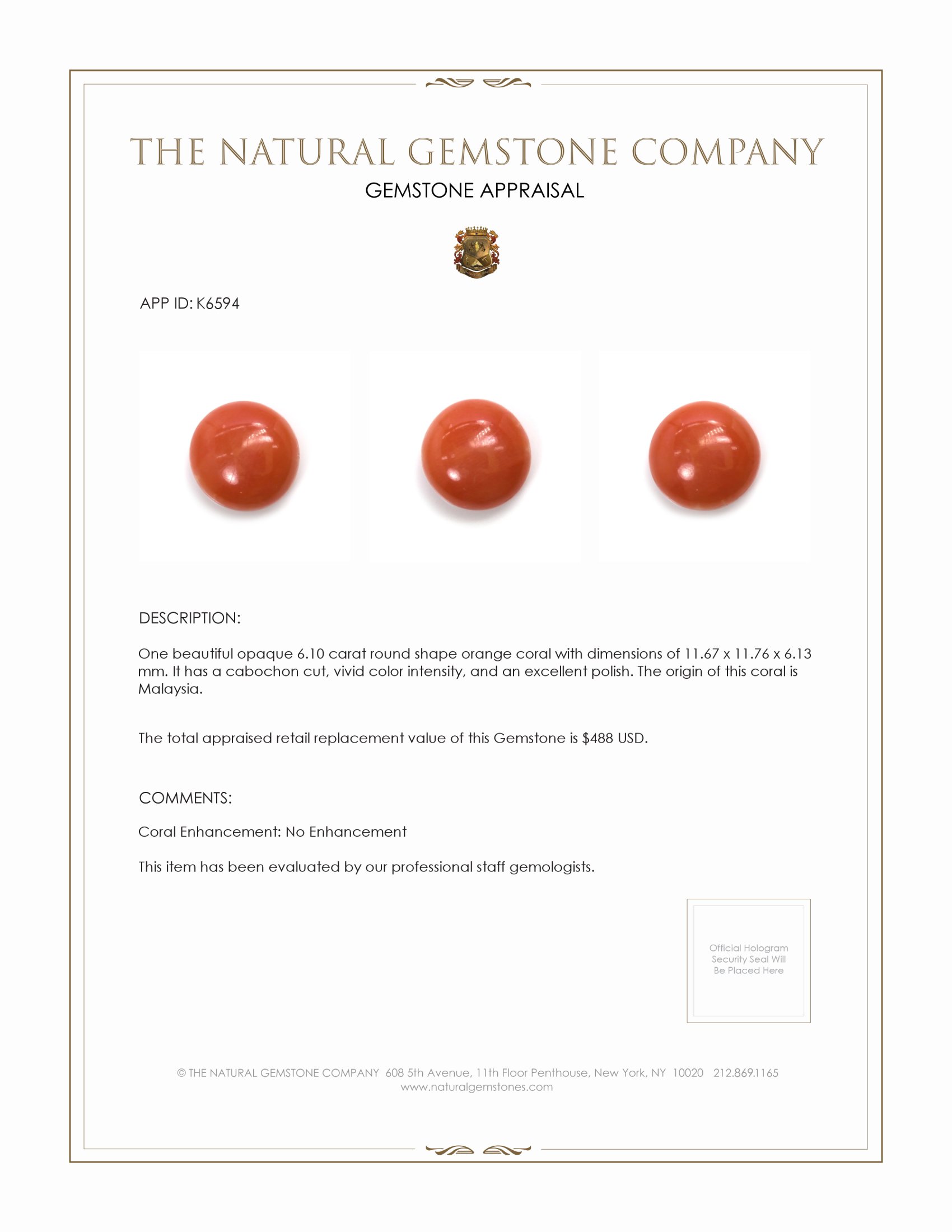 6.10 Ct. Cabochon Coral from Malaysia