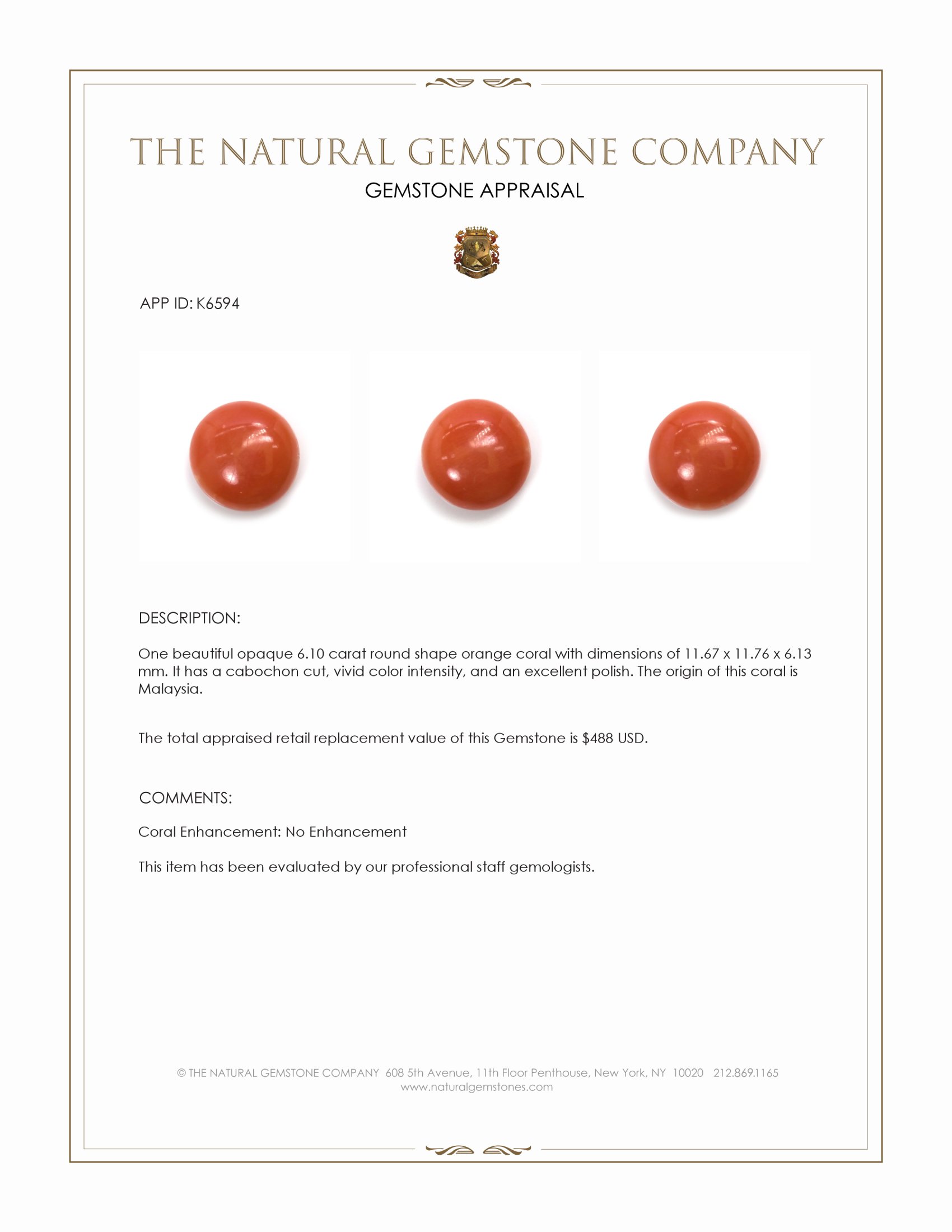 6.10 Ct. Cabochon Coral from Malaysia