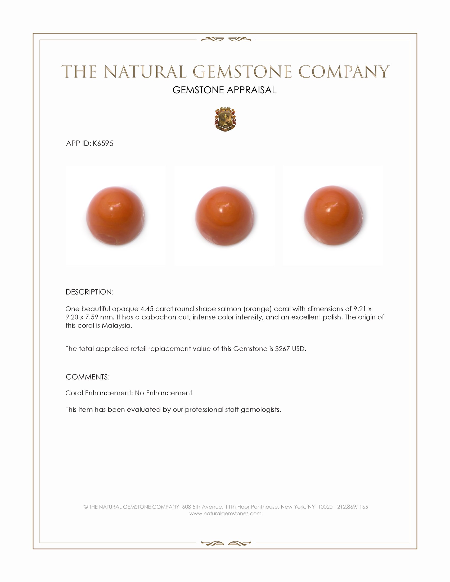 4.45 Ct. Salmon (Orangish Red) Cabochon Coral from Malaysia