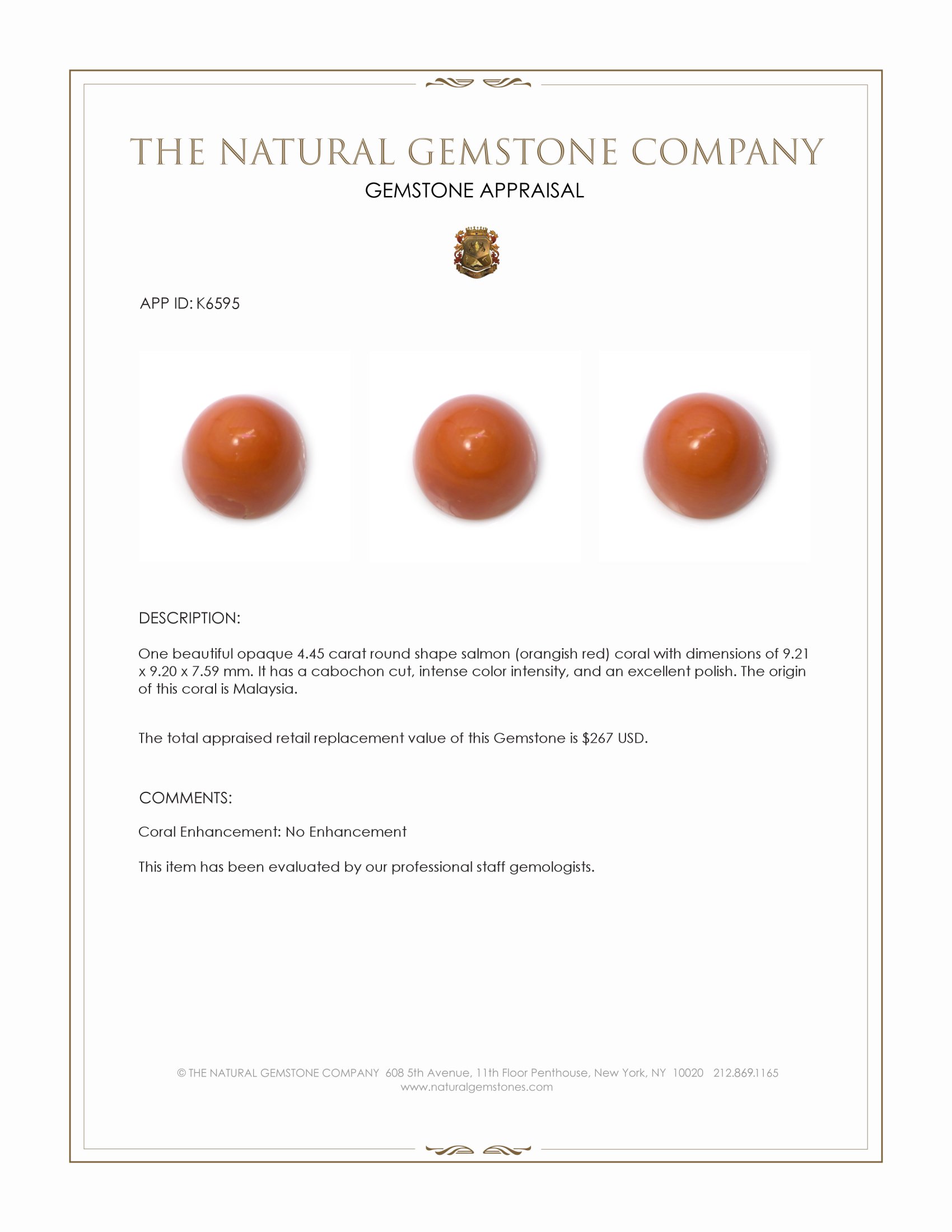 4.45 Ct. Salmon (Orangish Red) Cabochon Coral from Malaysia