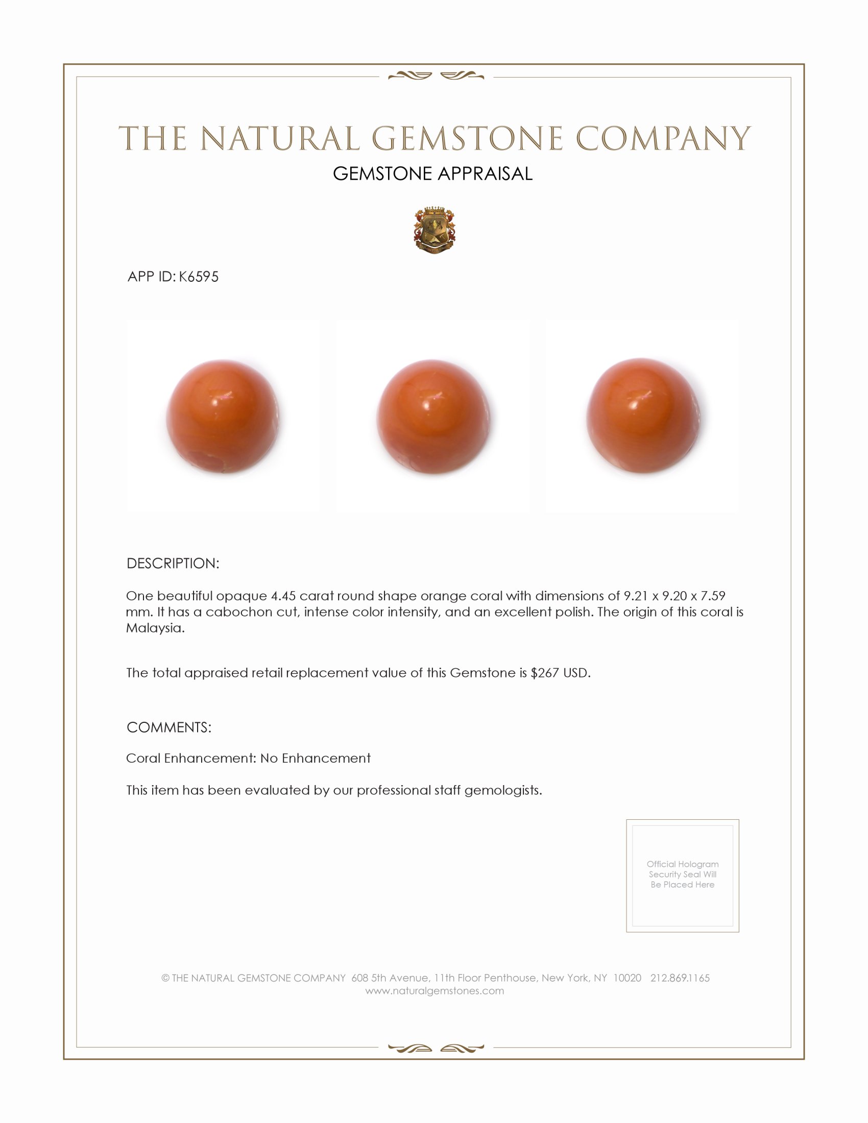 4.45 Ct. Cabochon Coral from Malaysia