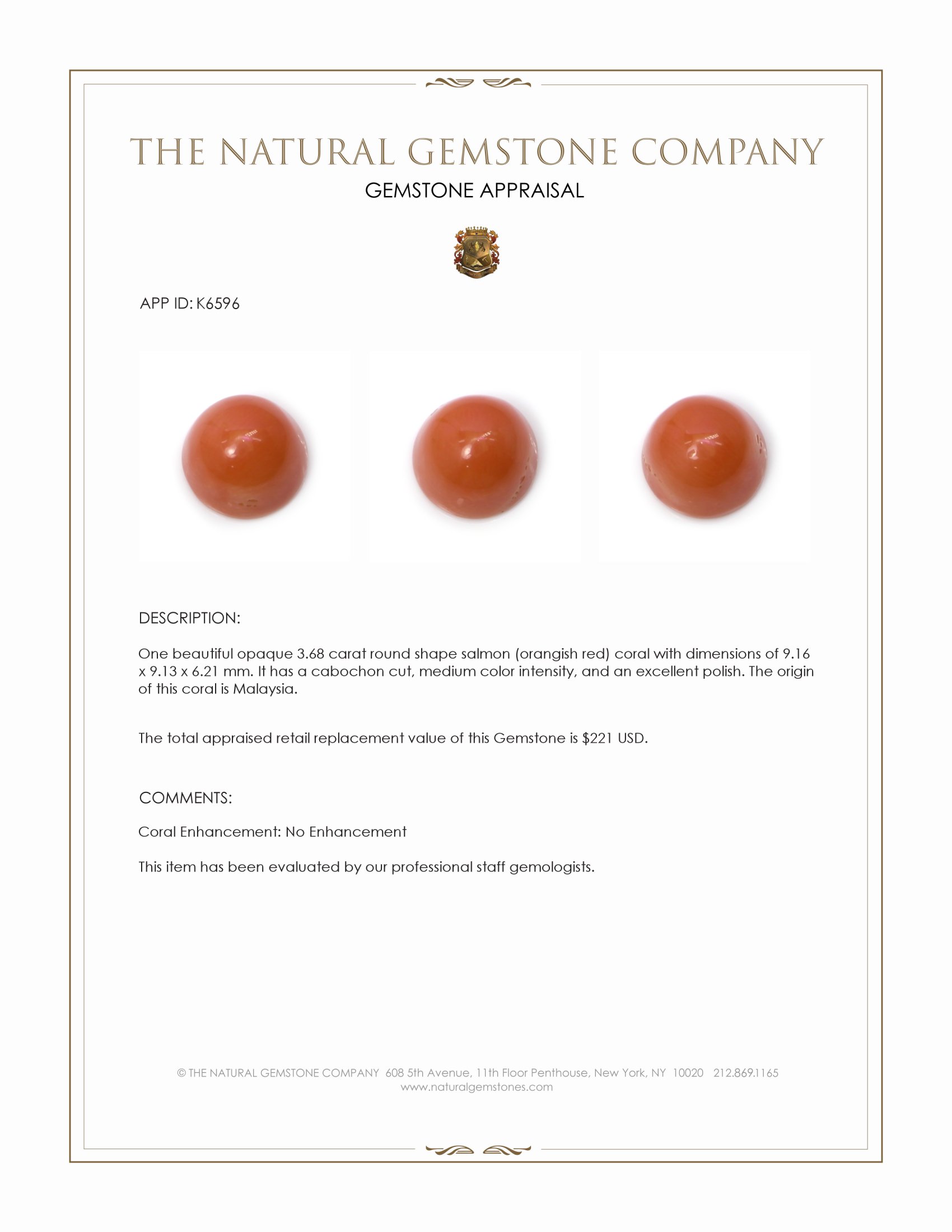 3.68 Ct. Salmon (Orangish Red) Cabochon Coral from Malaysia