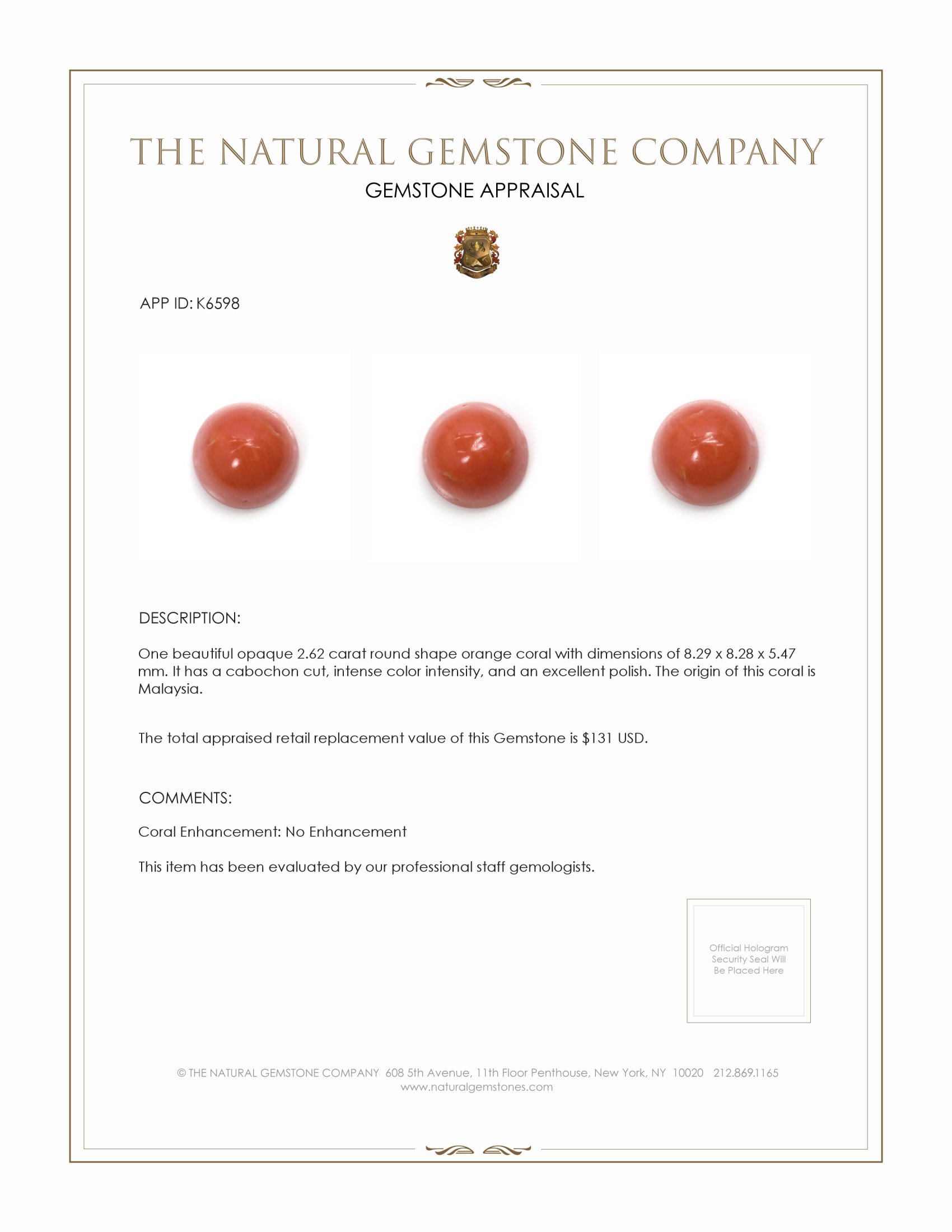 2.62 Ct. Cabochon Coral from Malaysia