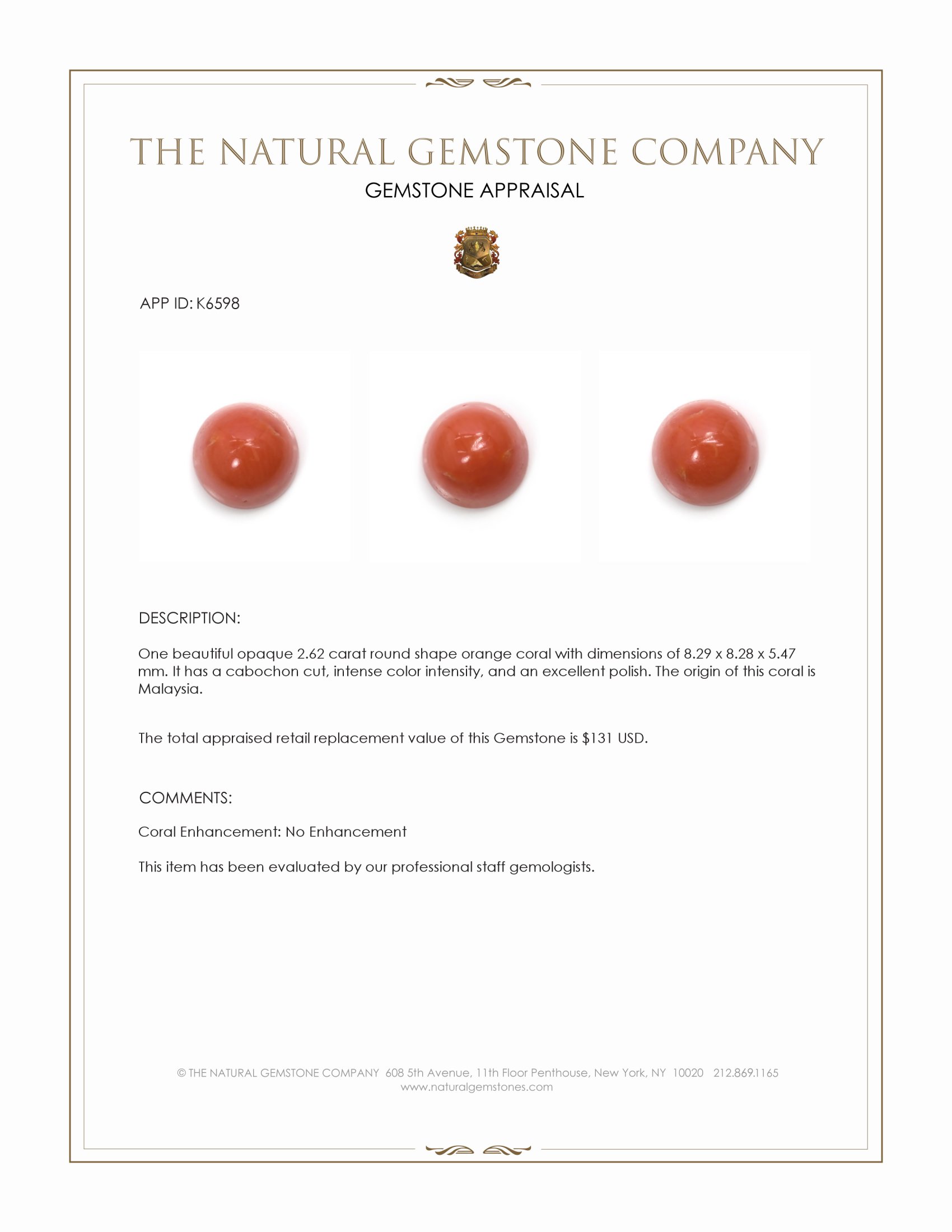 2.62 Ct. Cabochon Coral from Malaysia