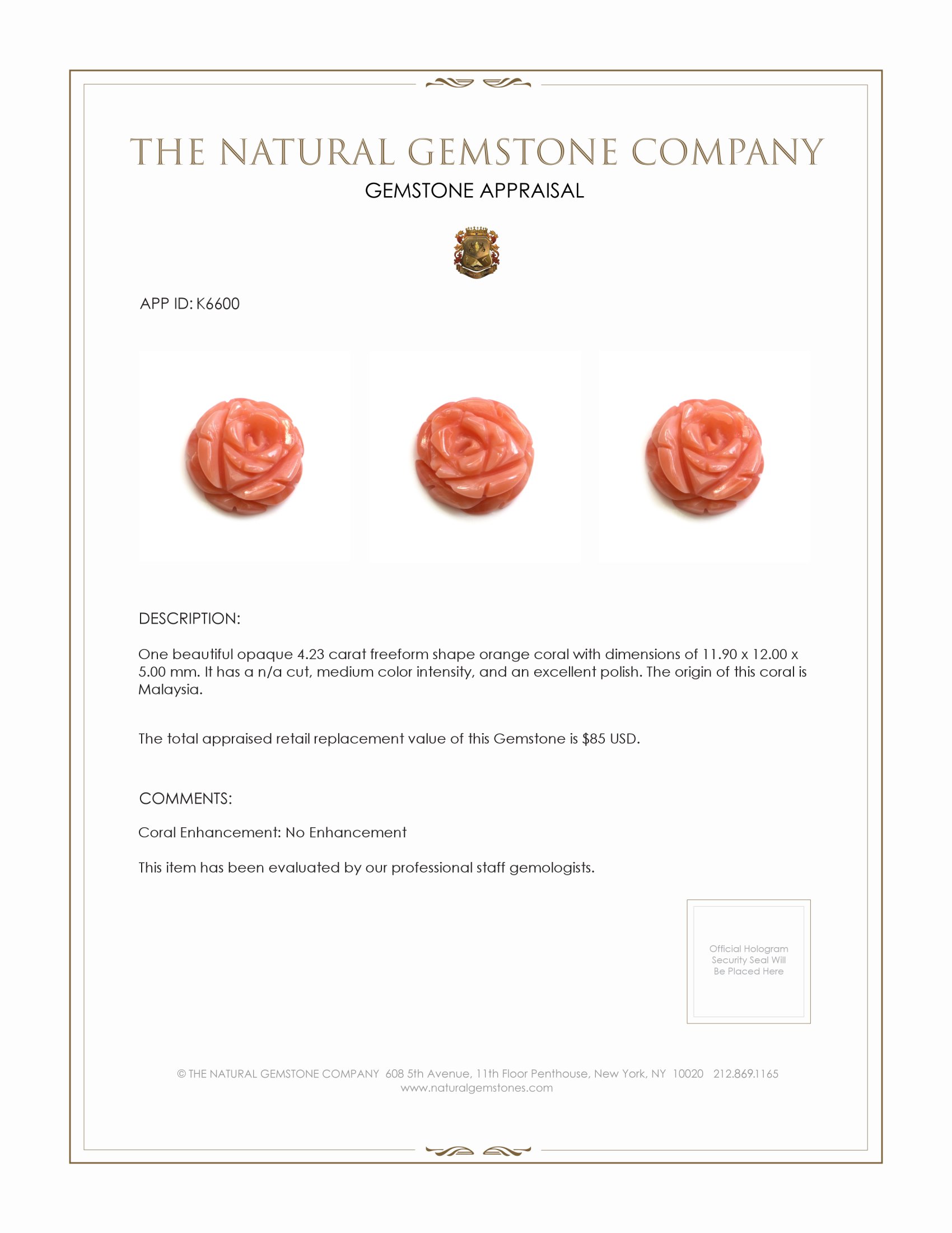 4.23 Ct. Coral from Malaysia