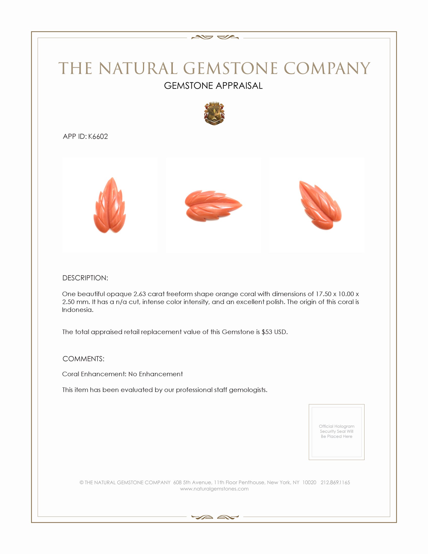 2.63 Ct. Salmon (Orange) Coral from Indonesia
