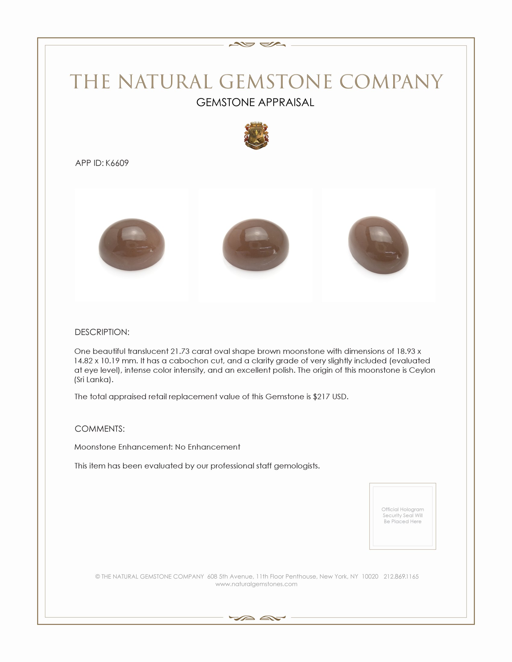 21.73 Ct. Brown Cabochon Moonstone from Ceylon (Sri Lanka)