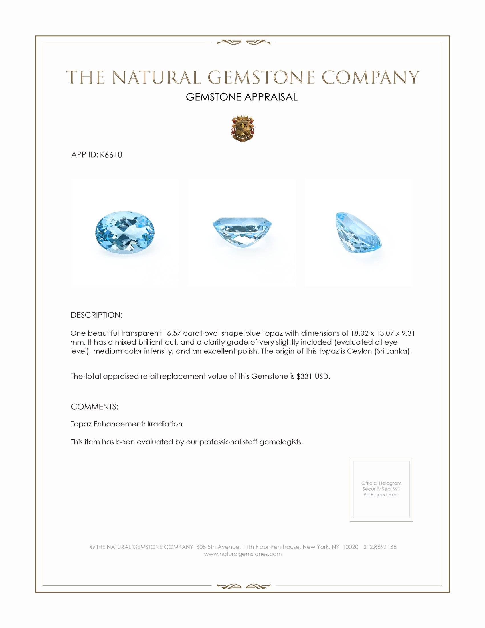 16.57 Ct. Blue Topaz from Ceylon (Sri Lanka)