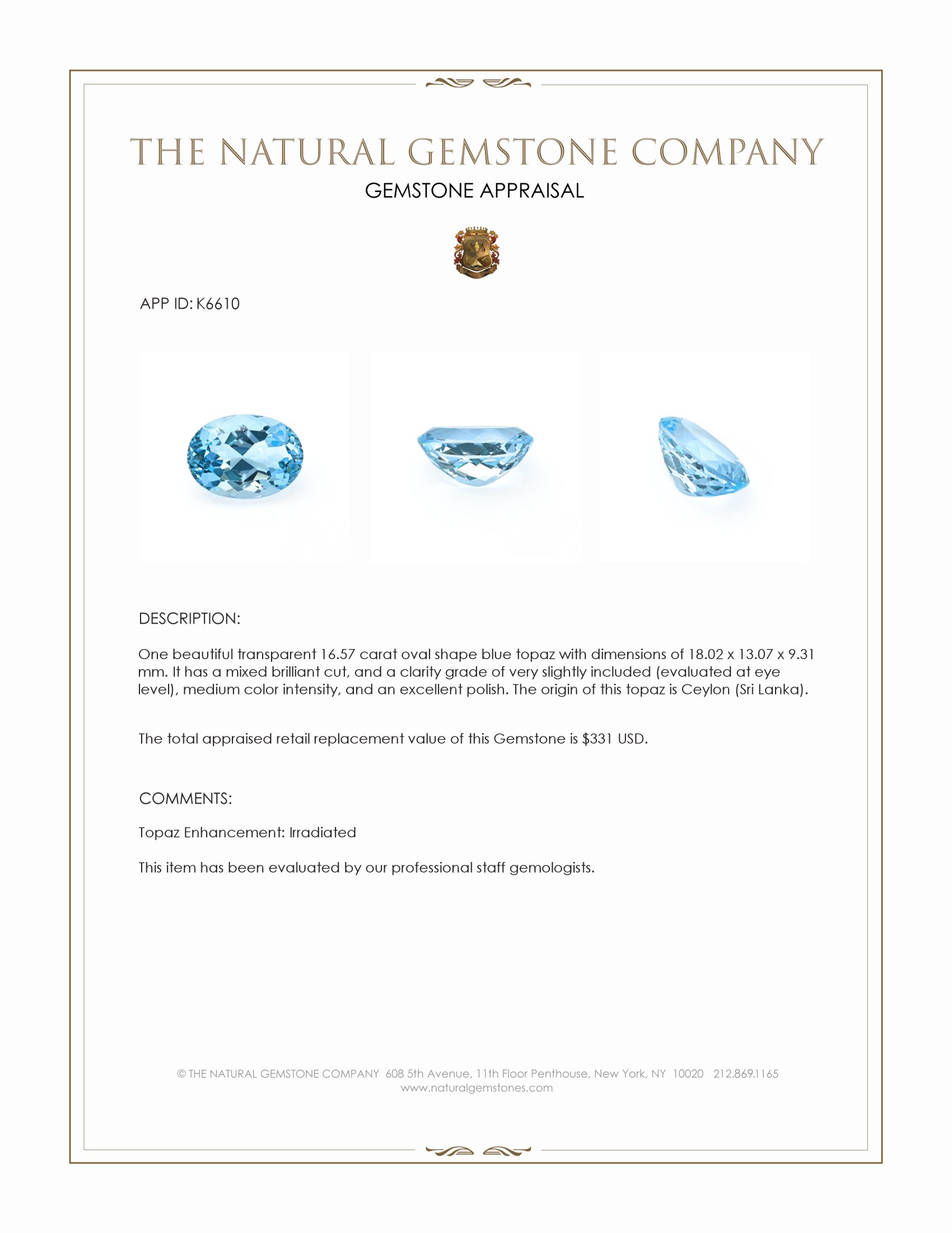 16.57 Ct. Blue Topaz from Ceylon (Sri Lanka)