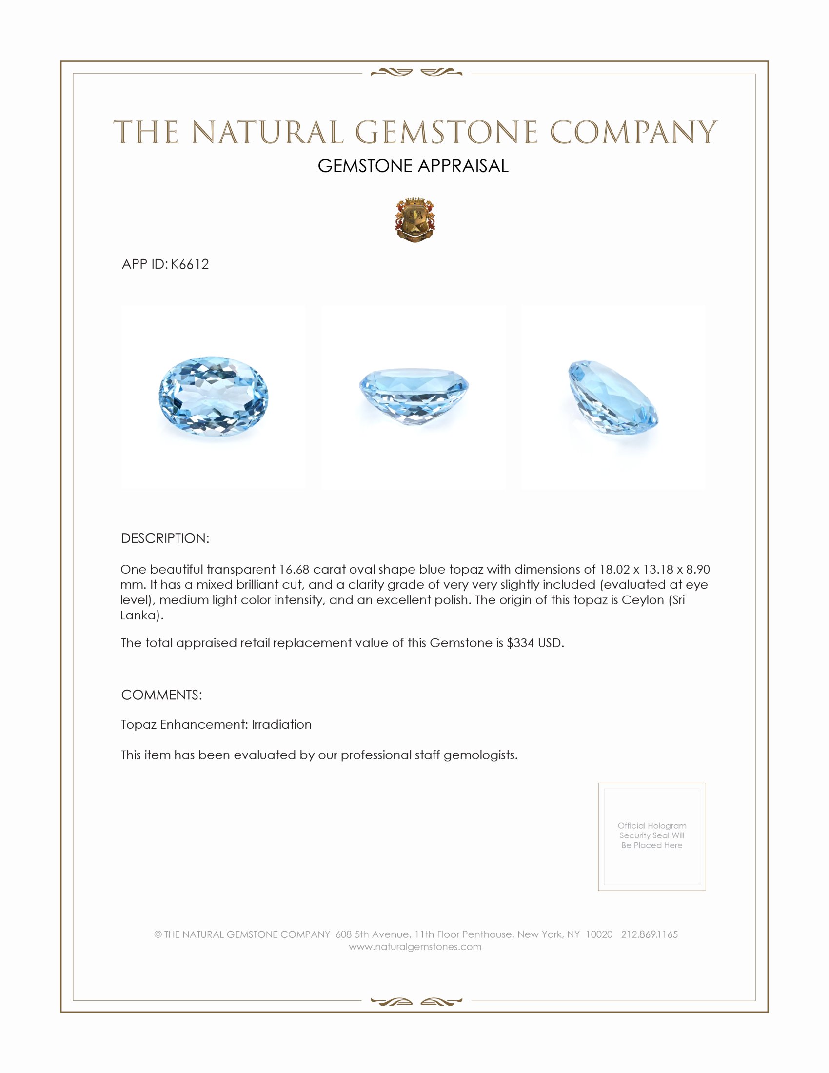 16.68 Ct. Blue Topaz from Ceylon (Sri Lanka)